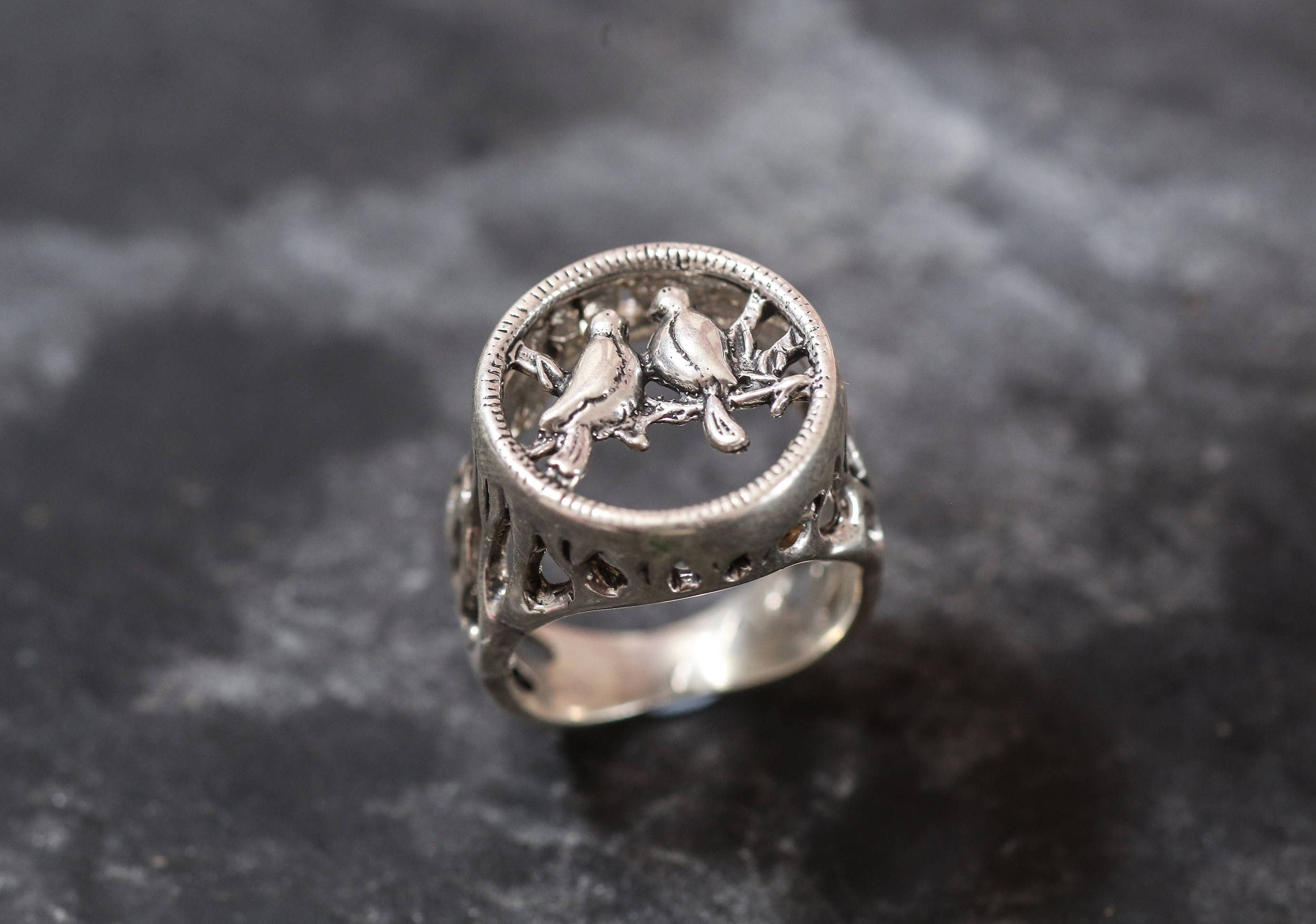 Love Birds Ring, Love Ring, Solid Silver Ring, Statement Ring, Birds Ring, Bird Tree Ring, Promise Ring, Sterling Silver Ring, Silver Ring