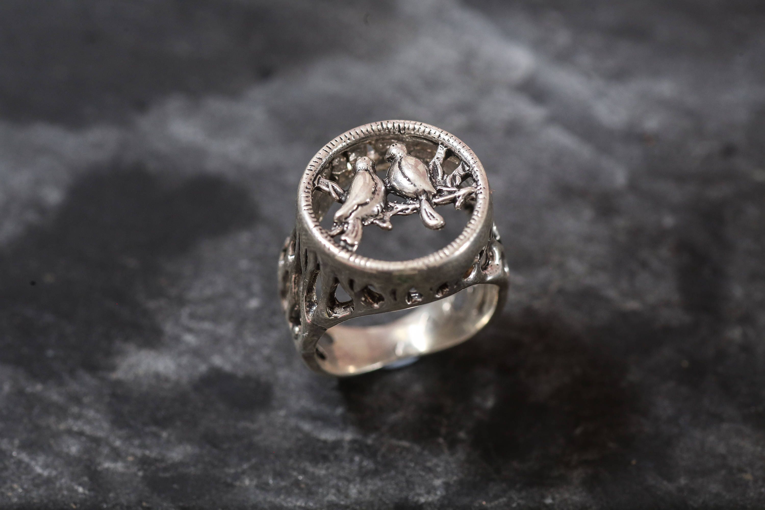 Love Birds Ring, Love Ring, Solid Silver Ring, Statement Ring, Birds Ring, Bird Tree Ring, Promise Ring, Sterling Silver Ring, Silver Ring