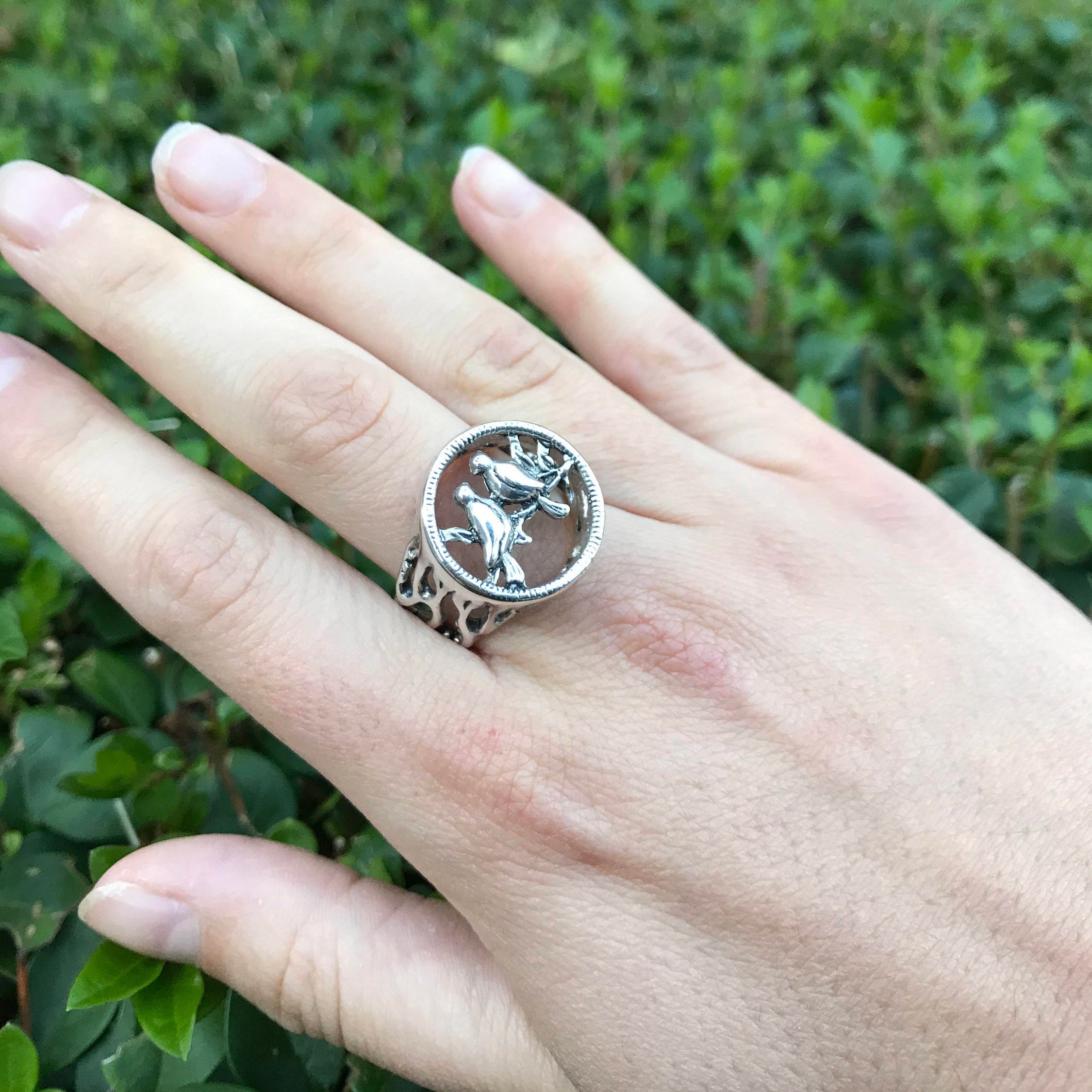 Love Birds Ring, Love Ring, Solid Silver Ring, Statement Ring, Birds Ring, Bird Tree Ring, Promise Ring, Sterling Silver Ring, Silver Ring