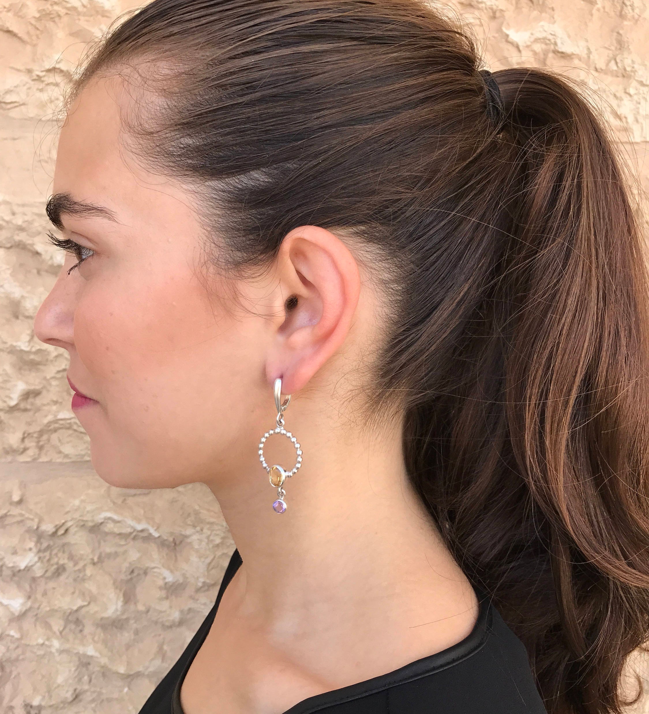 Citrine Earrings, Long Silver Earrings, Amethyst Earrings, Circle Earrings, Natural Citrine, Dangling Earrings, Silver Earrings, November
