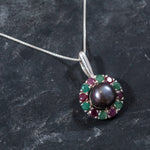Pearl Pendant, Black Pearl Pendant, Natural Pearl, Natural Emerald, Natural Ruby, June Birthstone, Vintage Pendant, Silver Pendant, Pendant