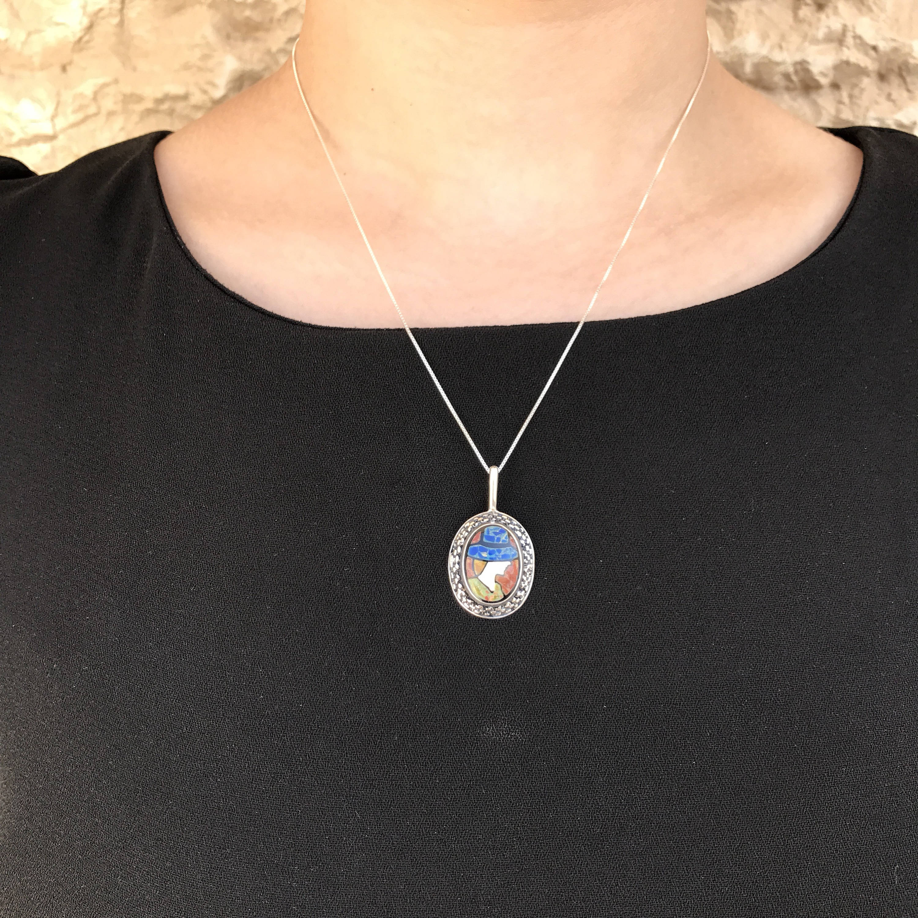 Mosaic Pendant, Cameo Pendant, Lady Pendant, Mosaic Gemstone, Victorian Pendant, Vintage Pendant, Roman Pendant, Silver Pendant