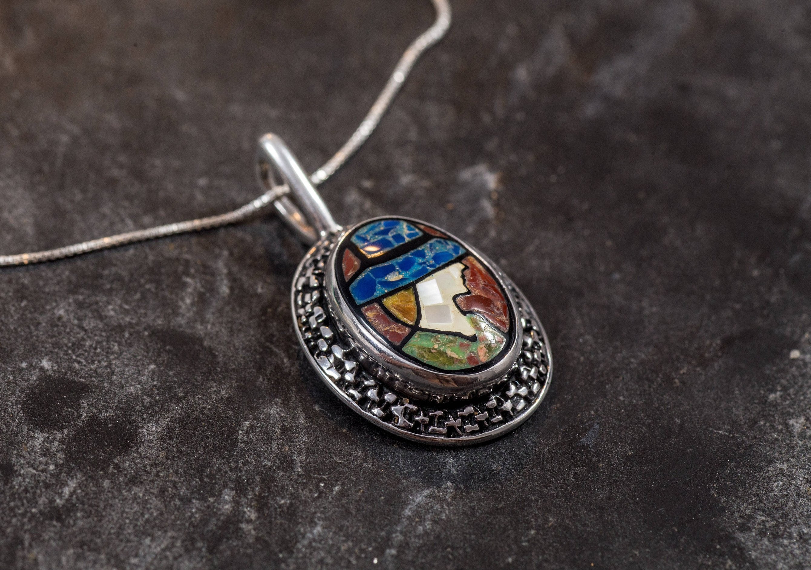 Mosaic Pendant, Cameo Pendant, Lady Pendant, Mosaic Gemstone, Victorian Pendant, Vintage Pendant, Roman Pendant, Silver Pendant