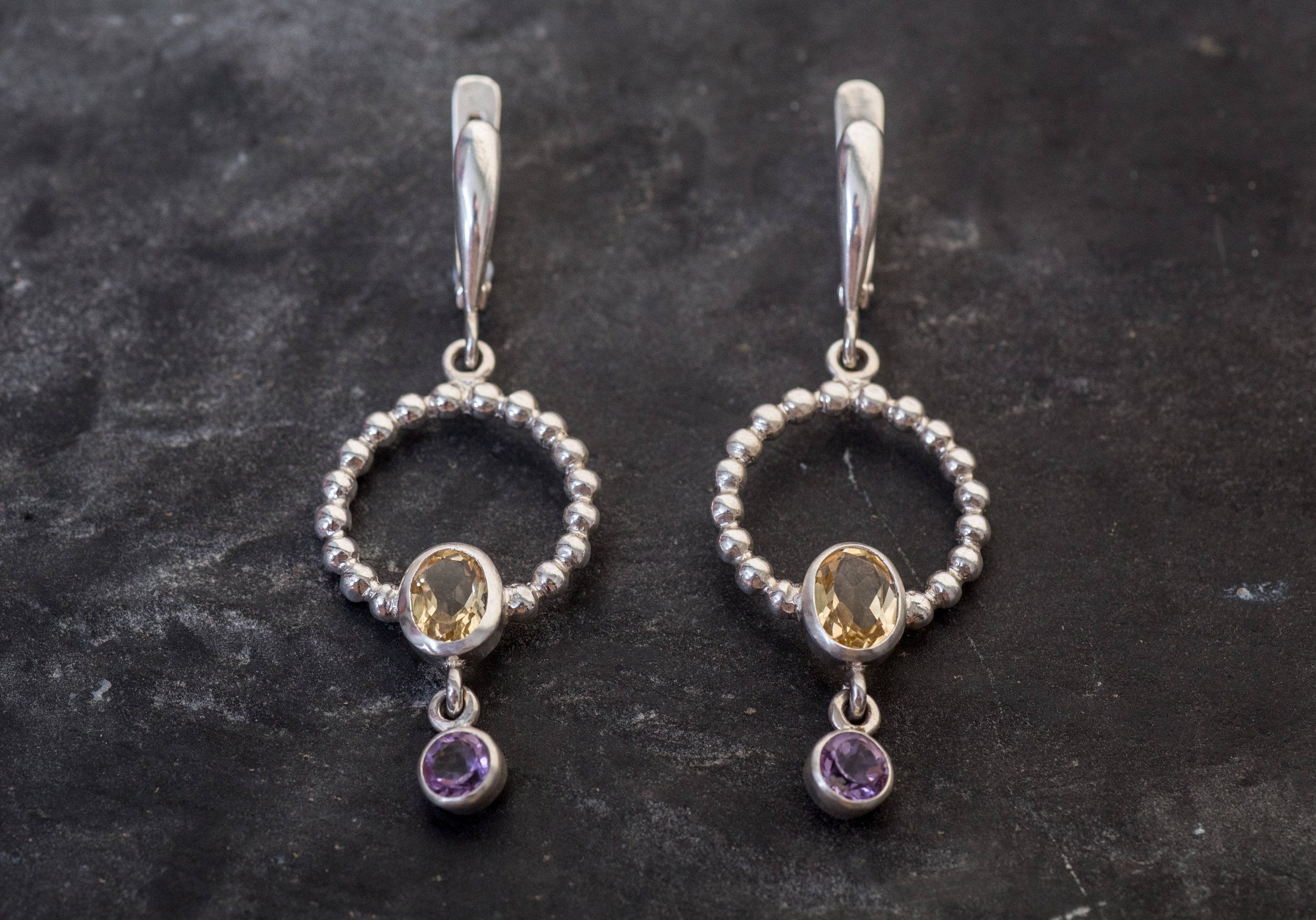 Citrine Earrings, Long Silver Earrings, Amethyst Earrings, Circle Earrings, Natural Citrine, Dangling Earrings, Silver Earrings, November