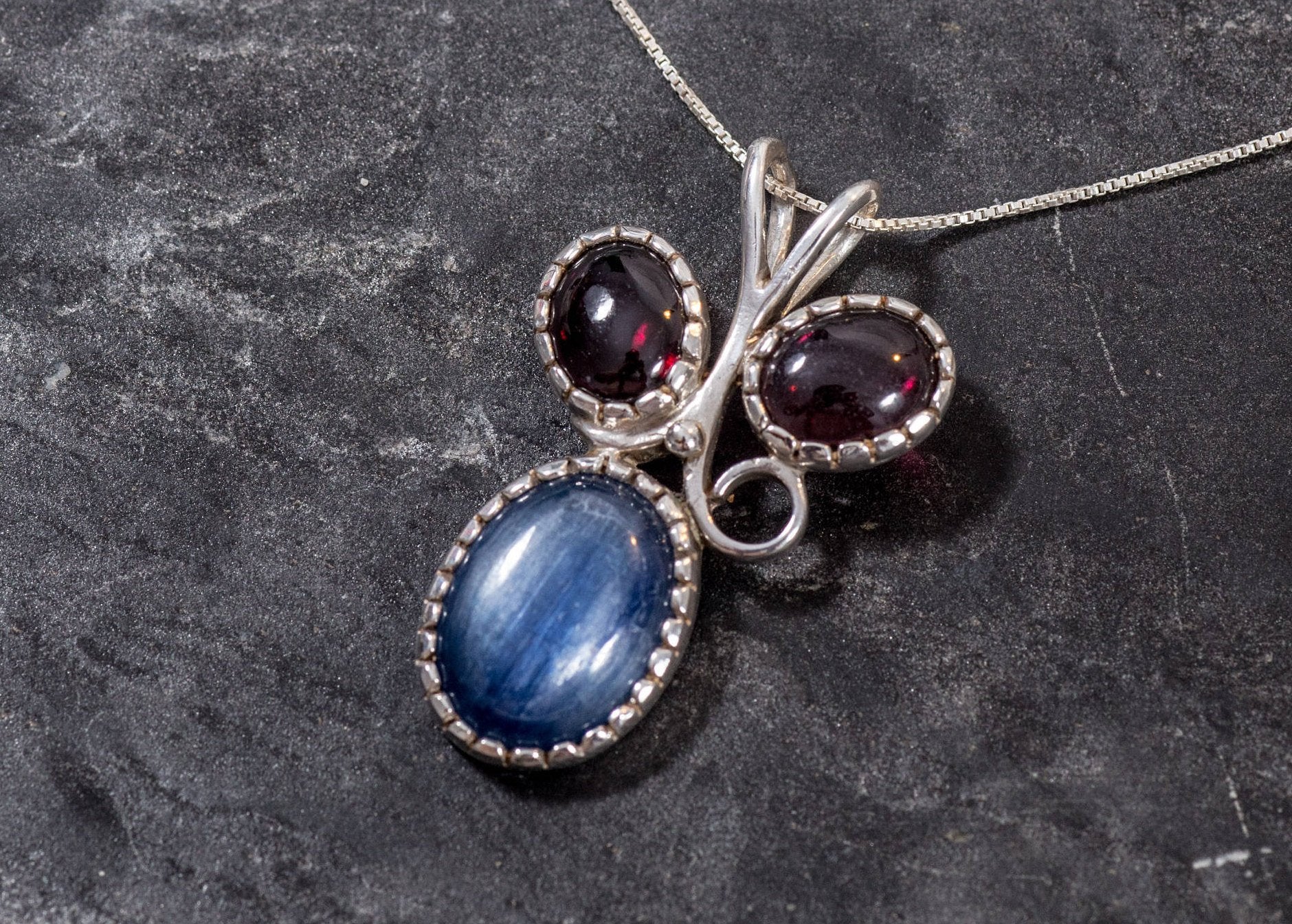 Kyanite Pendant, Garnet Pendant, Natural Garnet, Vine Pendant, January Birthstone, Red Garnet Pendant, Blue Kyanite Pendant, Silver Pendant