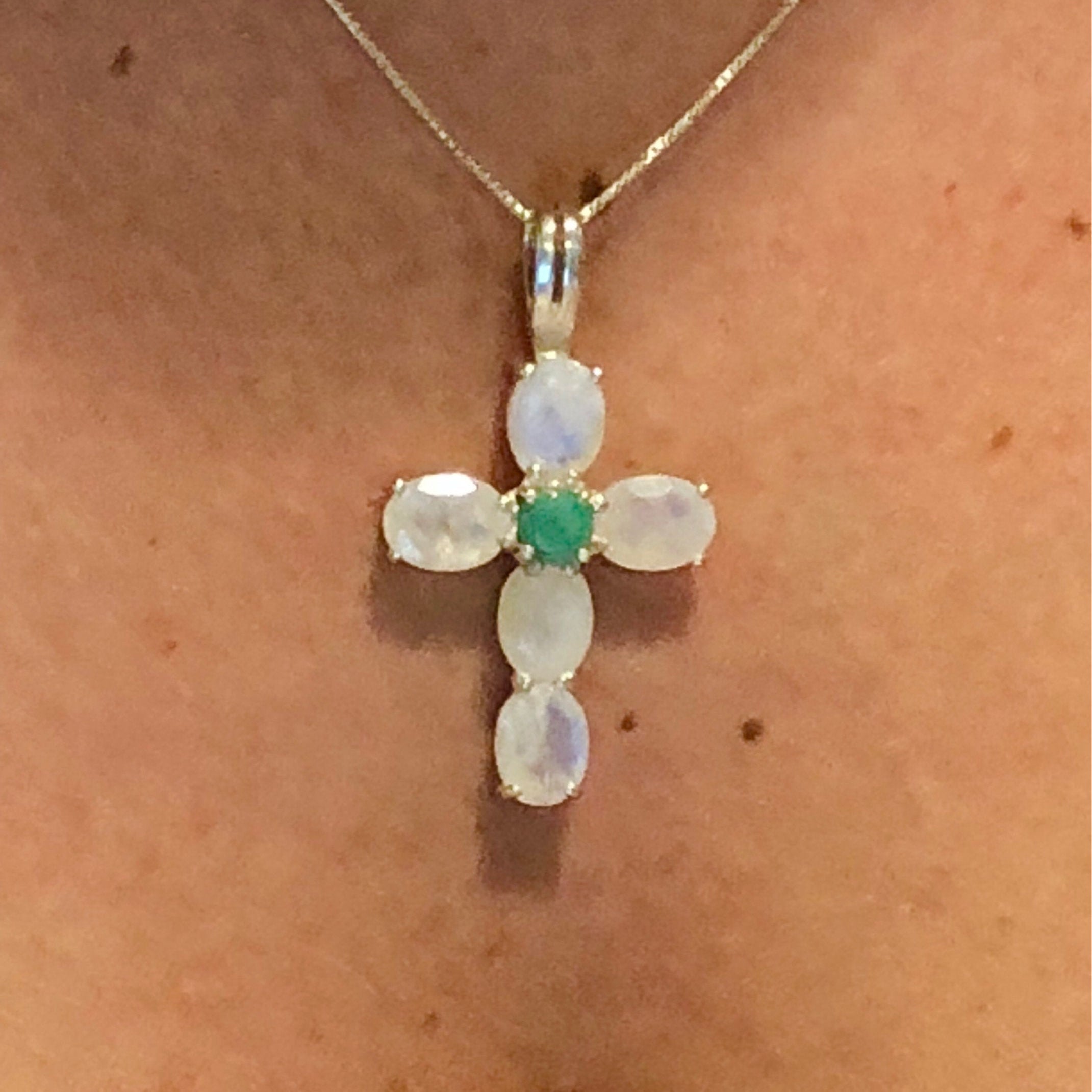 Cross Pendant, Moonstone Pendant, Silver Cross Pendant, Unique Cross, Natural Emerald, Statement Pendant, Rainbow Moonstone, June Birthstone