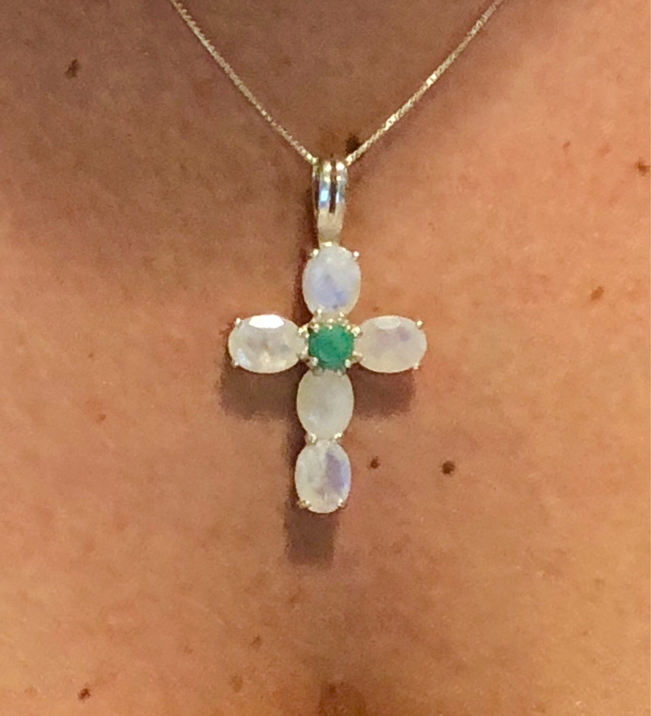 Cross Pendant, Moonstone Pendant, Silver Cross Pendant, Unique Cross, Natural Emerald, Statement Pendant, Rainbow Moonstone, June Birthstone