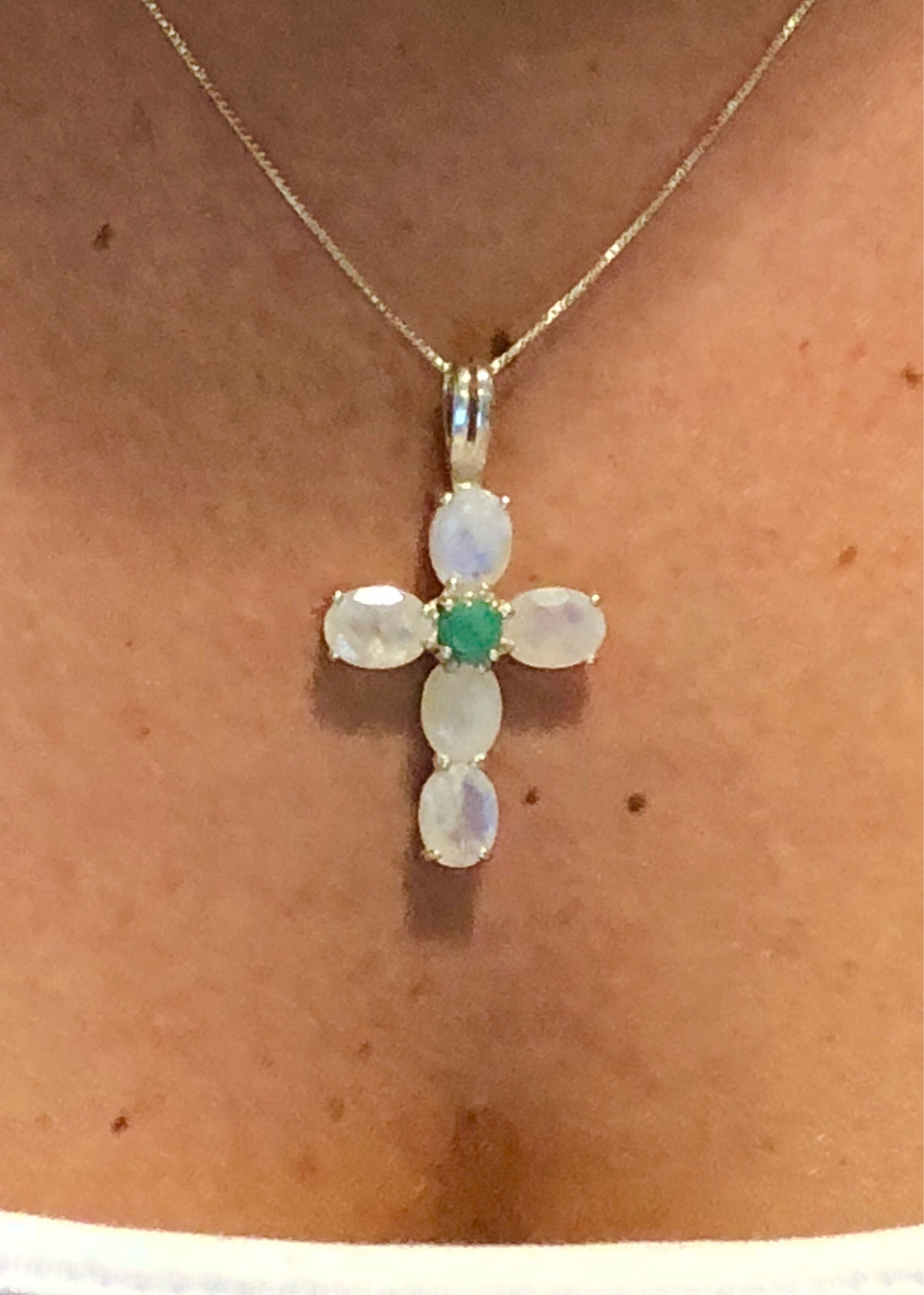 Cross Pendant, Moonstone Pendant, Silver Cross Pendant, Unique Cross, Natural Emerald, Statement Pendant, Rainbow Moonstone, June Birthstone