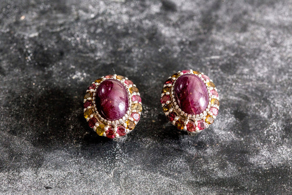 14k White Gold Diamond and Cabochon Ruby Earrings
