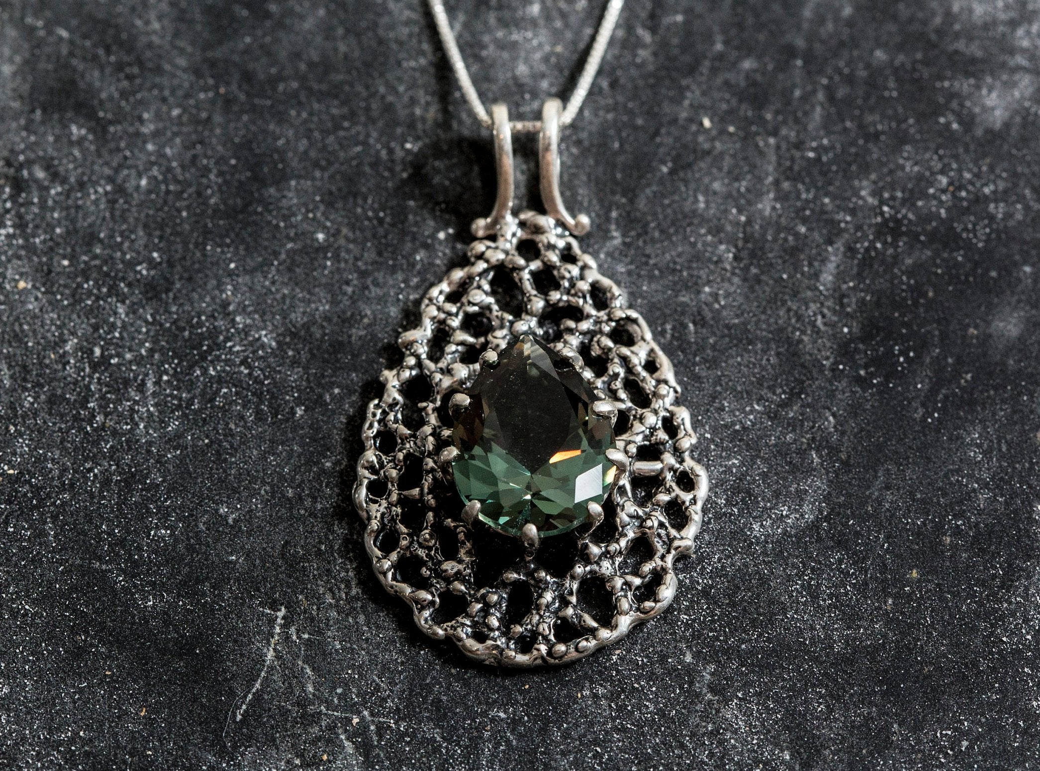 Green Pendant, Green Diamond, Created Diamond, Tear Drop Pendant, Vintage Pendant, Solid Silver, Silver Pendant, Pure Silver, Teardrop charm