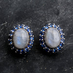 Large Moonstone Earrings, Rainbow Moonstone Earrings, Victorian Earrings, Natural Moonstone, Sapphire Earrings, June Birthstone, Moonstone