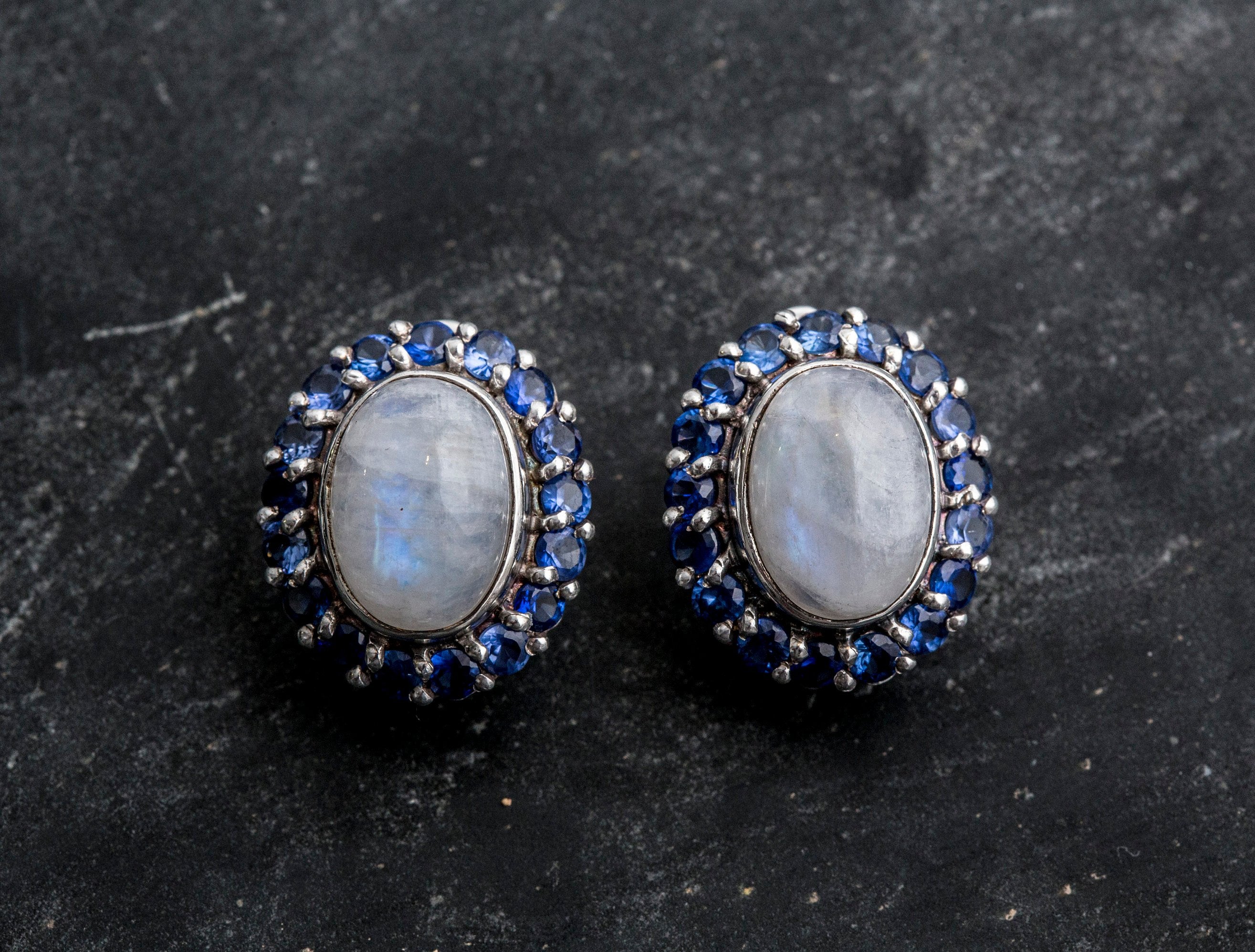 Large Moonstone Earrings, Rainbow Moonstone Earrings, Victorian Earrings, Natural Moonstone, Sapphire Earrings, June Birthstone, Moonstone