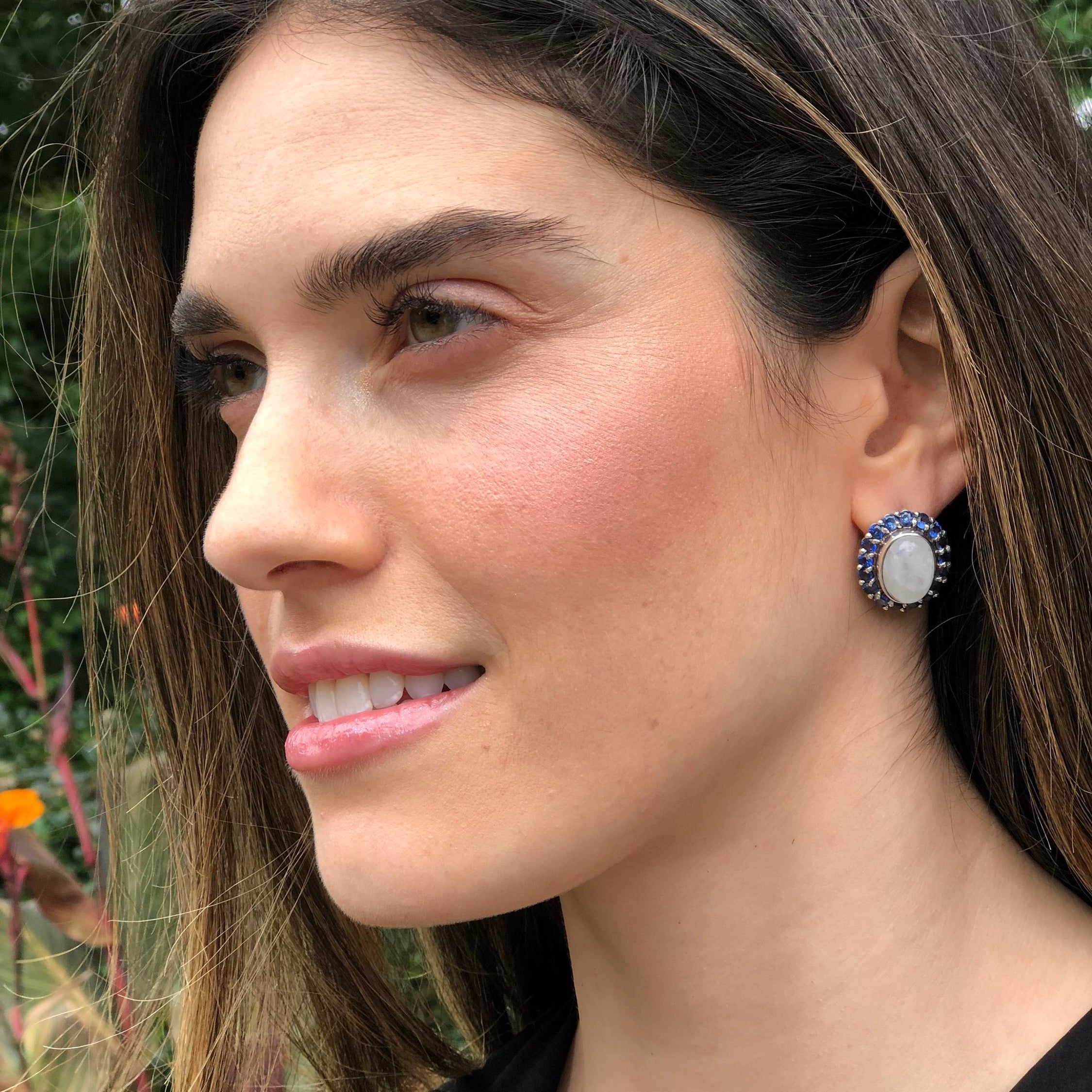 Large Moonstone Earrings, Rainbow Moonstone Earrings, Victorian Earrings, Natural Moonstone, Sapphire Earrings, June Birthstone, Moonstone