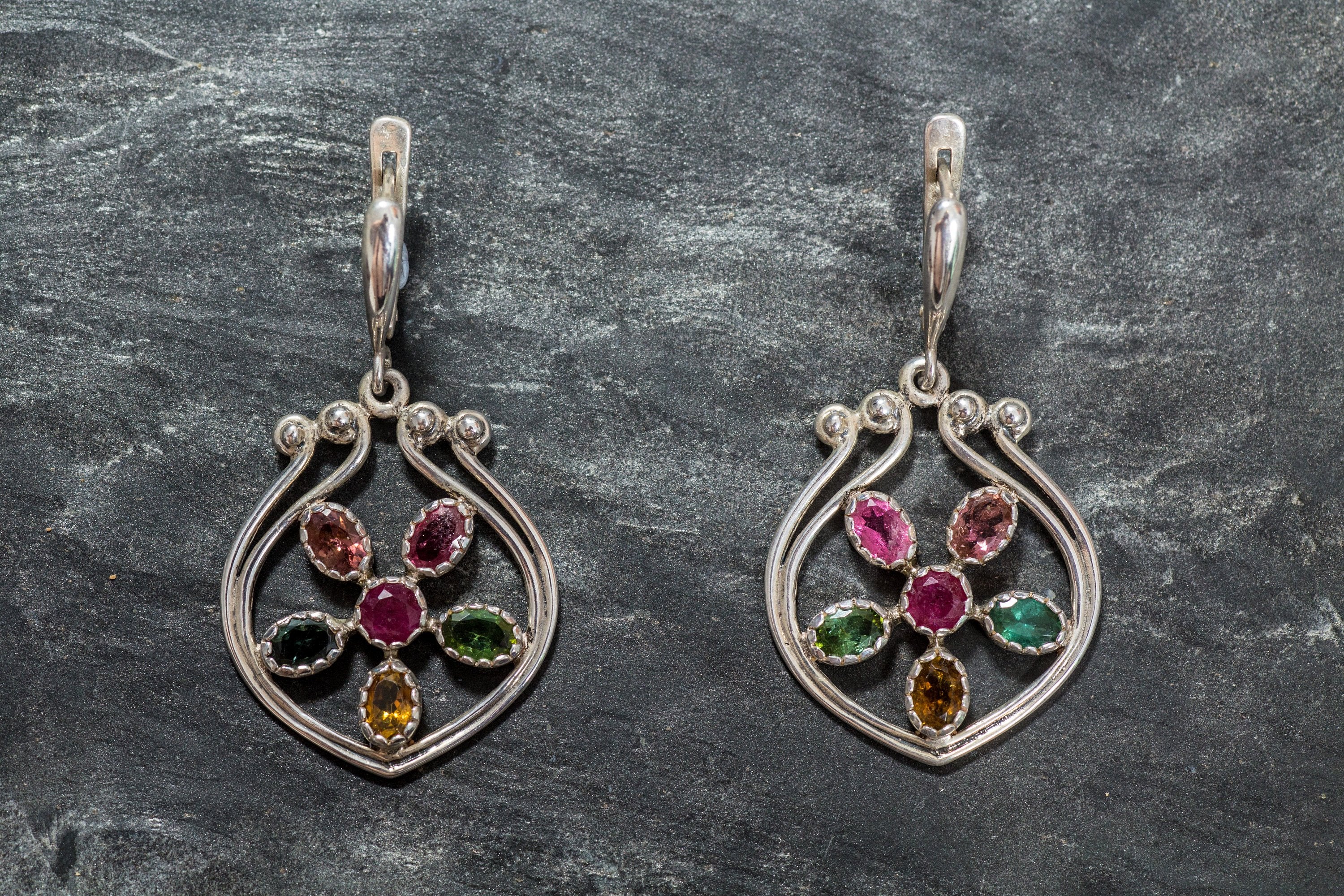 Tourmaline Earrings, Yellow Tourmaline, Green Tourmaline, Pink Tourmaline, Flower Earrings, October Birthstone, Silver Earring, Tourmaline