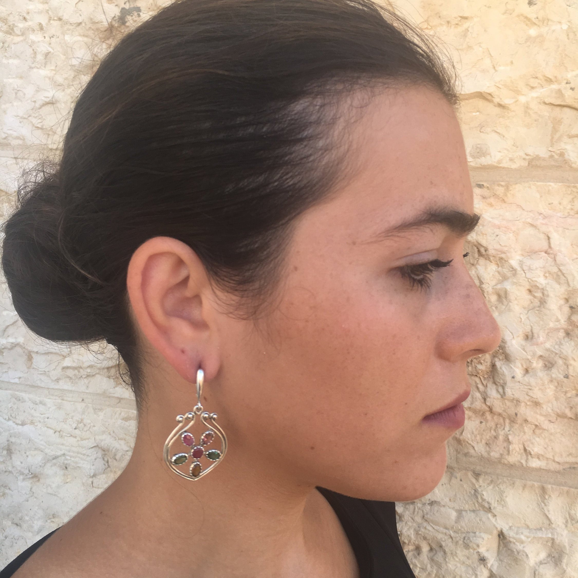 Tourmaline Earrings, Yellow Tourmaline, Green Tourmaline, Pink Tourmaline, Flower Earrings, October Birthstone, Silver Earring, Tourmaline