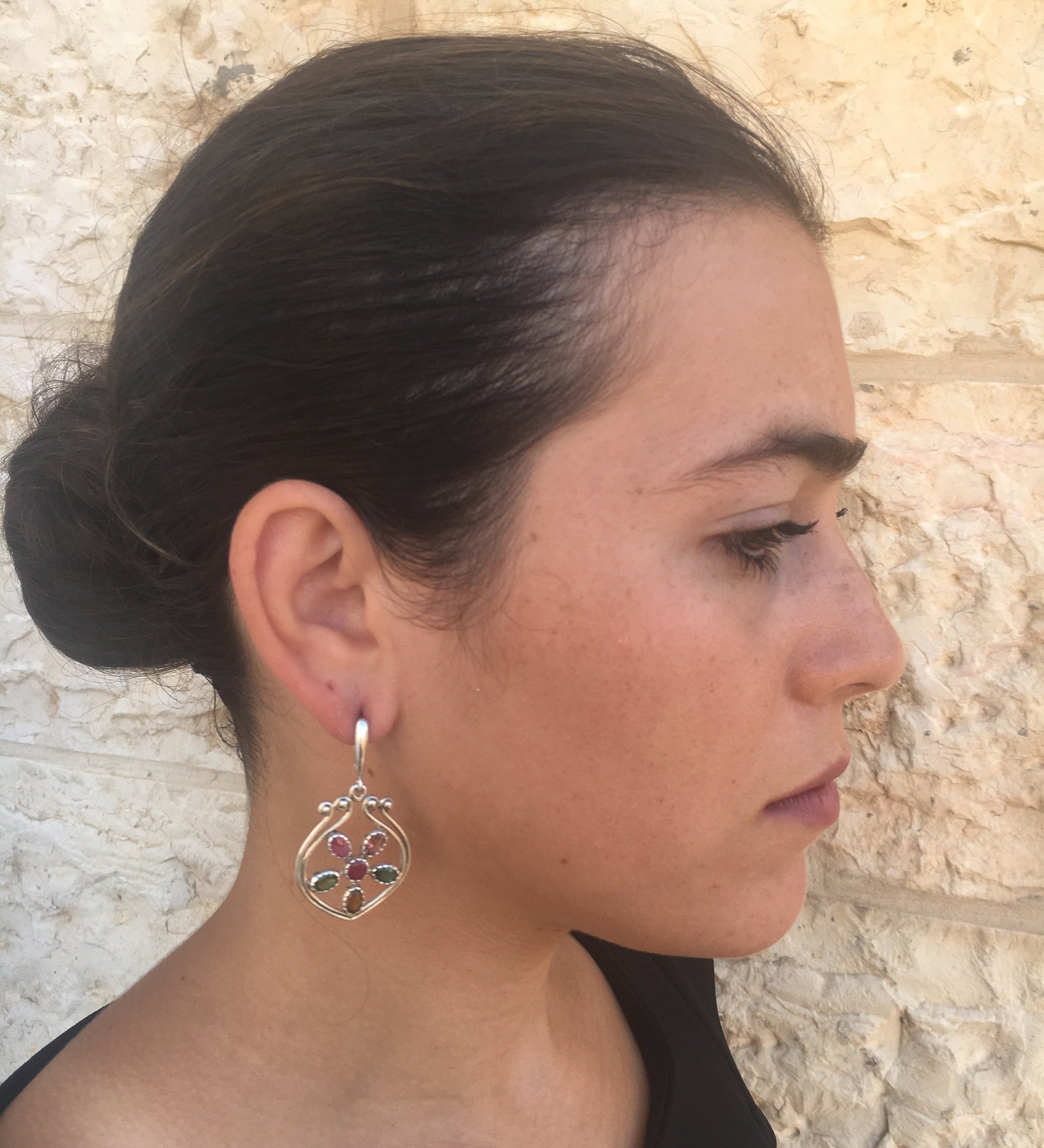 Tourmaline Earrings, Yellow Tourmaline, Green Tourmaline, Pink Tourmaline, Flower Earrings, October Birthstone, Silver Earring, Tourmaline