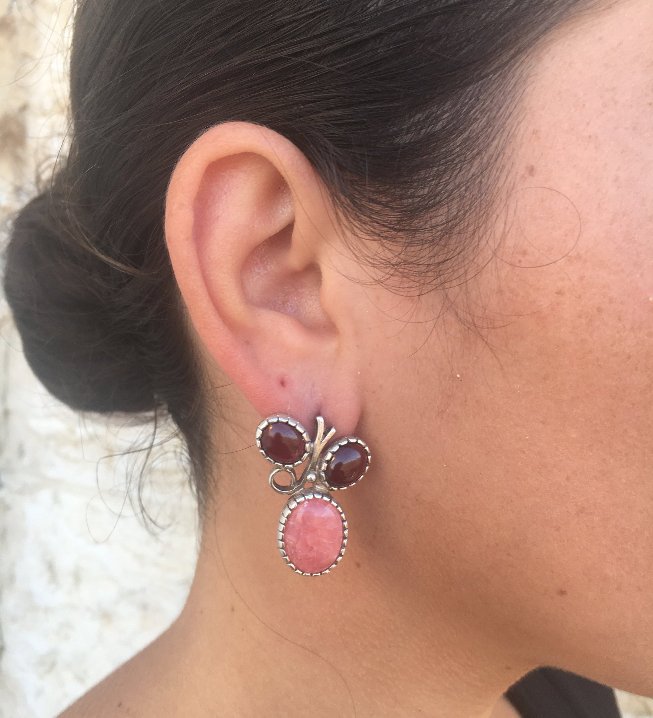 Rhodochrosite Earrings, Garnet Earrings, Natural Rhodochrosite, Natural Garnet, Vintage Earrings, Silver Earrings, Garnet, Rhodochrosite