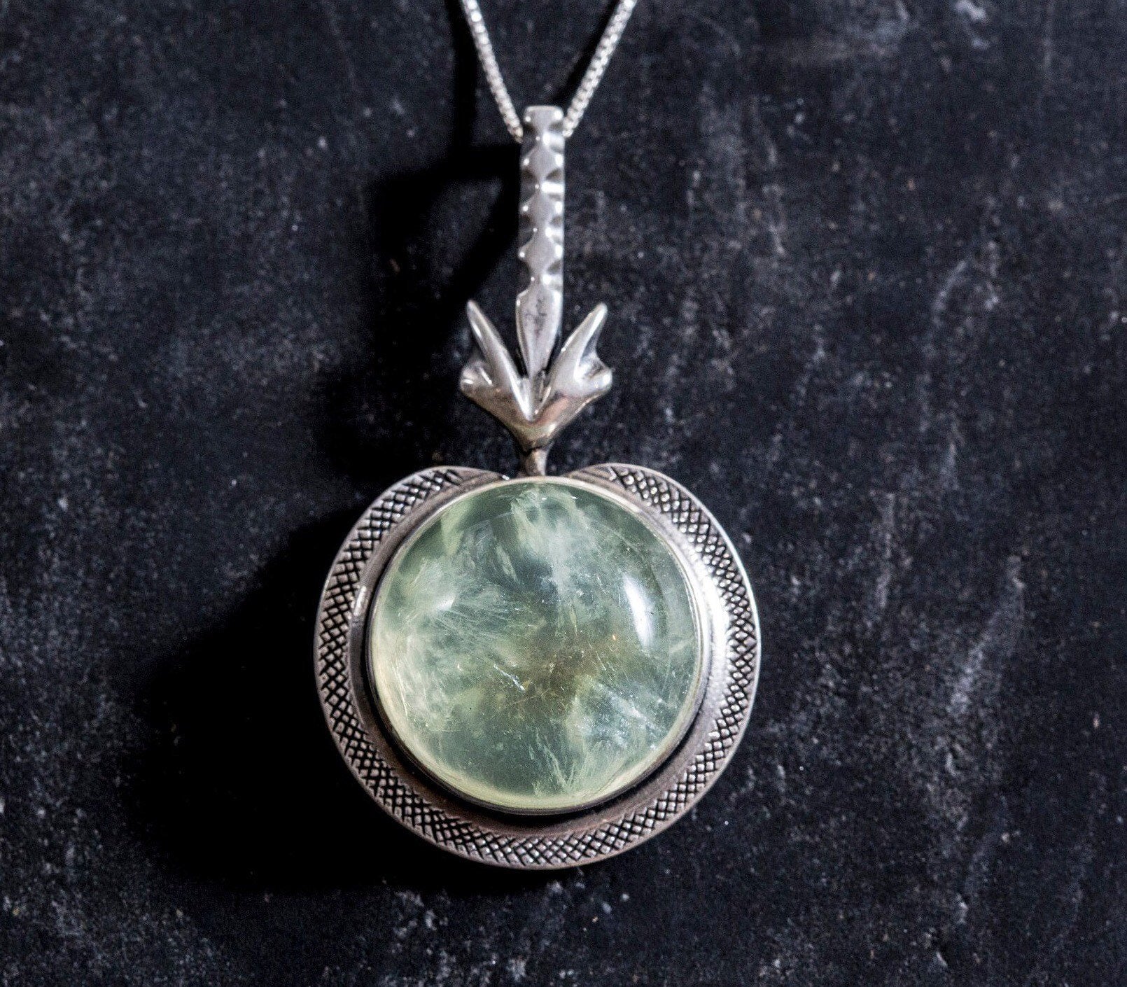Round Pendant, Prehnite Pendant, Natural Prehnite, Green Prehnite, Unique Pendant, May Birthstone, Silver Pendant, May Pendant, Prehnite