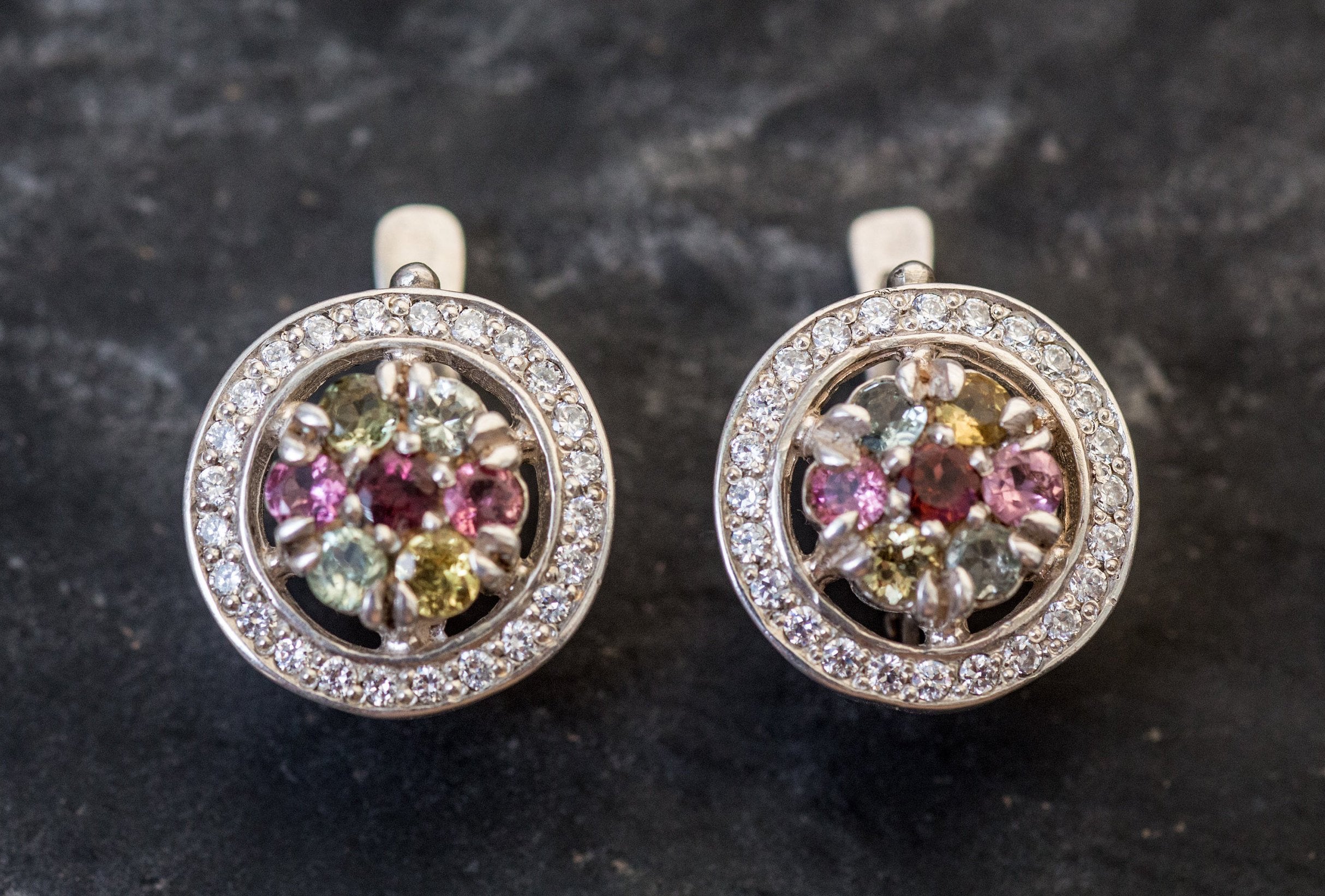 Tourmaline Earrings, Turmaline Earrings, Cluster Earrings, Colorful Earrings, October Earrings, Vintage Earrings, Sterling Silver Earrings