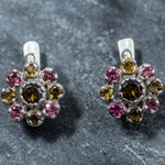 Tourmaline Earrings, Yellow Tourmaline, Pink Tourmaline, Flower Earrings, October Birthstone, Vintage Earrings, Silver Earring, Tourmaline
