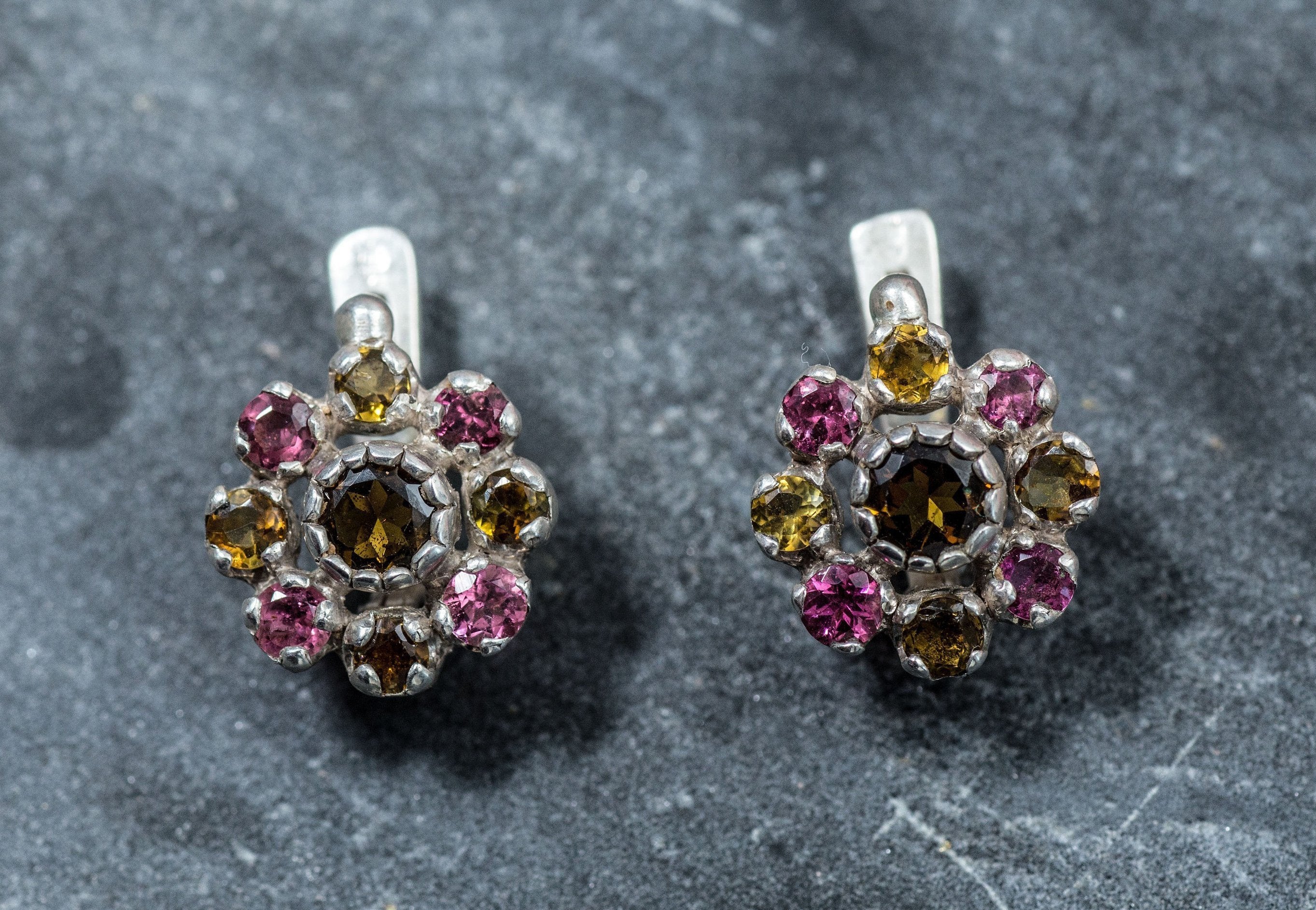 Tourmaline Earrings, Yellow Tourmaline, Pink Tourmaline, Flower Earrings, October Birthstone, Vintage Earrings, Silver Earring, Tourmaline