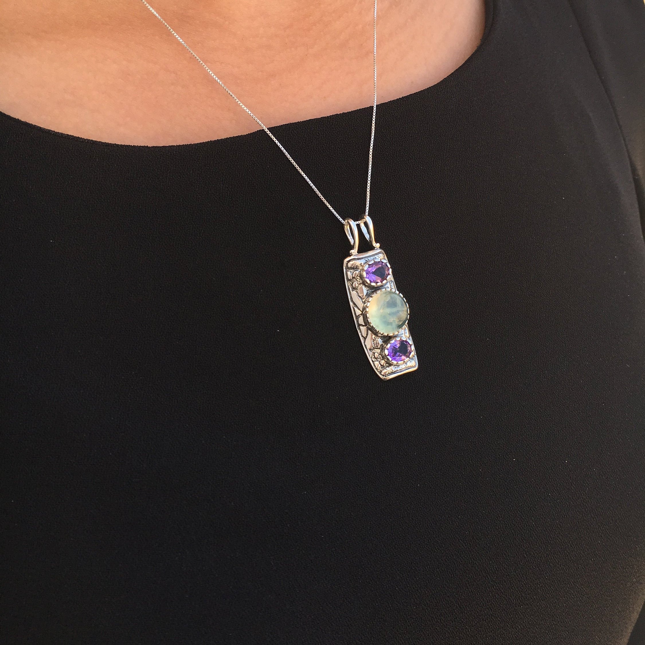Prehnite Pendant, Natural Prehnite, Amethyst Pendant, Green Pendant, Tribal Pendant, May Birthstone, Silver Pendant, Amethyst, Prehnite