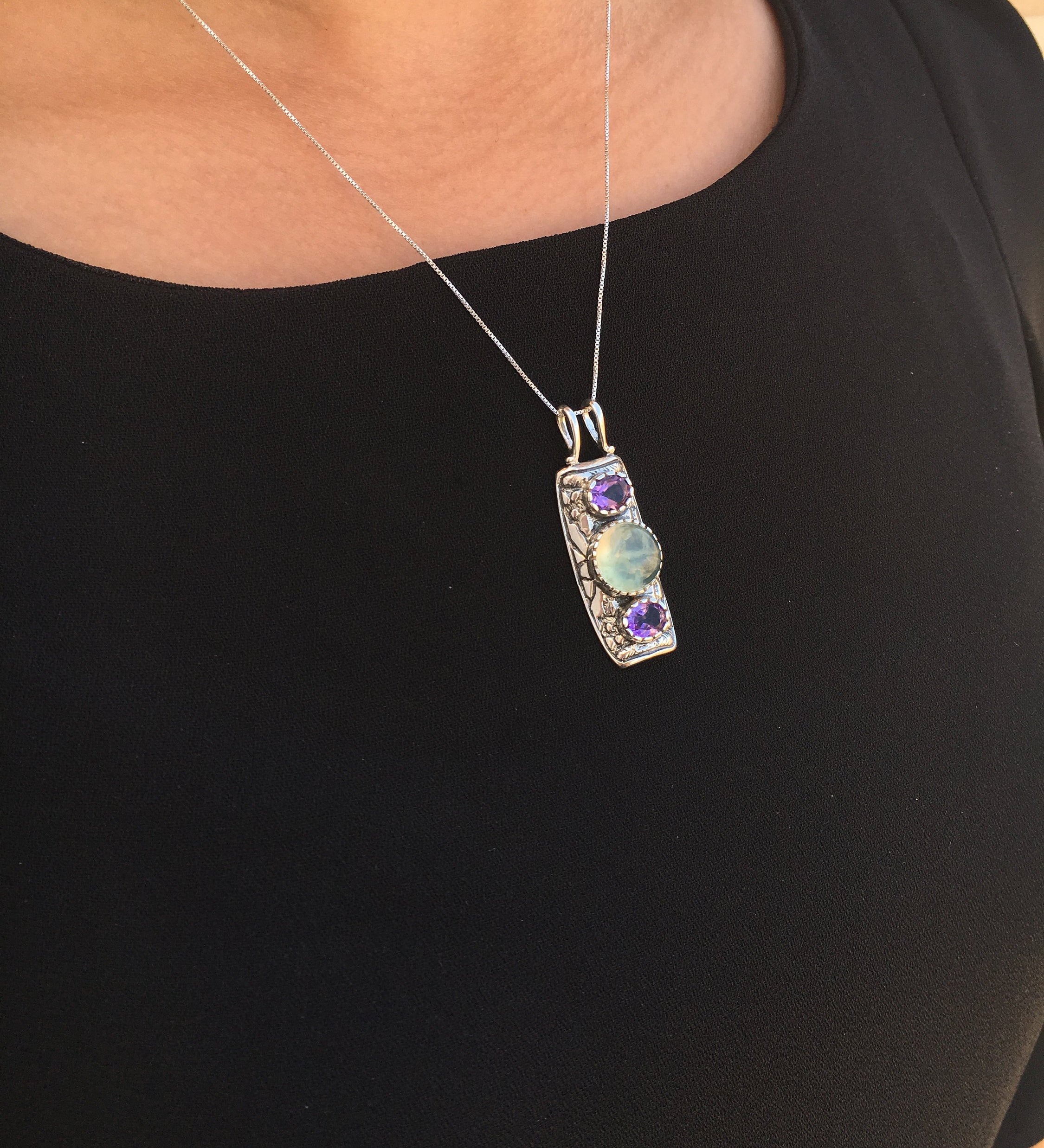 Prehnite Pendant, Natural Prehnite, Amethyst Pendant, Green Pendant, Tribal Pendant, May Birthstone, Silver Pendant, Amethyst, Prehnite