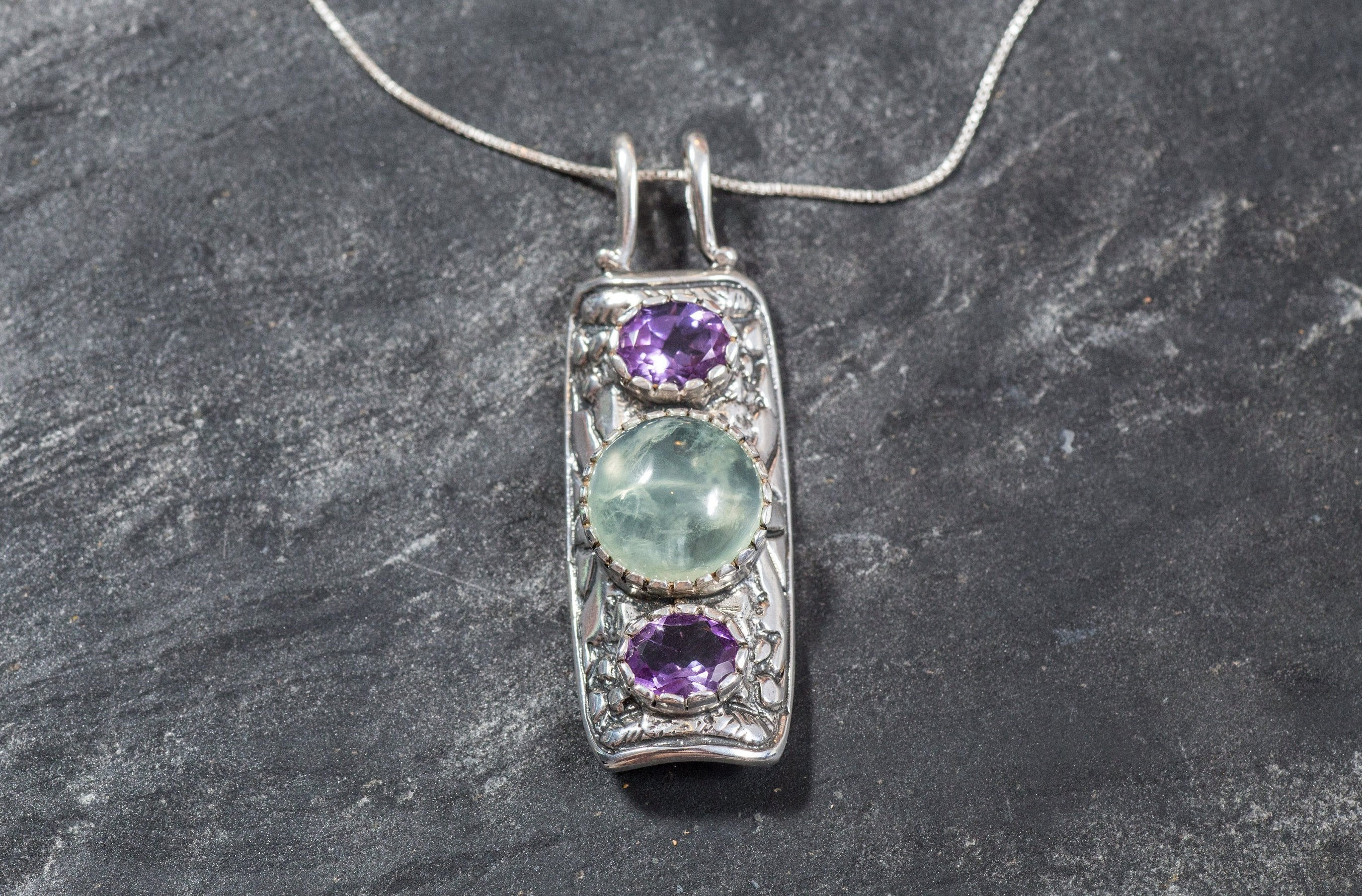Prehnite Pendant, Natural Prehnite, Amethyst Pendant, Green Pendant, Tribal Pendant, May Birthstone, Silver Pendant, Amethyst, Prehnite