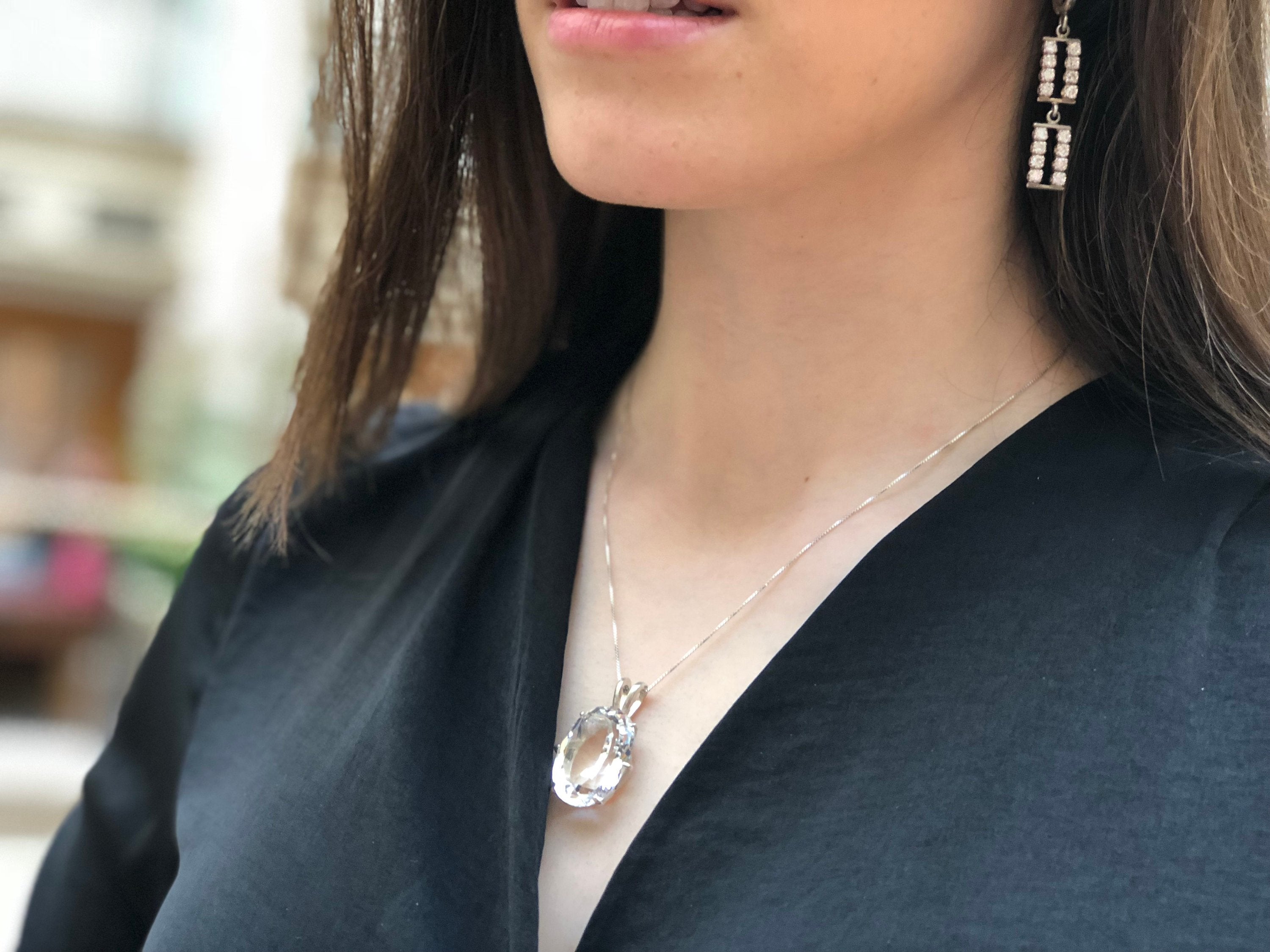 White Topaz Pendant, Natural White Topaz, Statement Pendant, December Birthstone, Oval Pendant, Silver Pendant, Unique Pendant, White Topaz