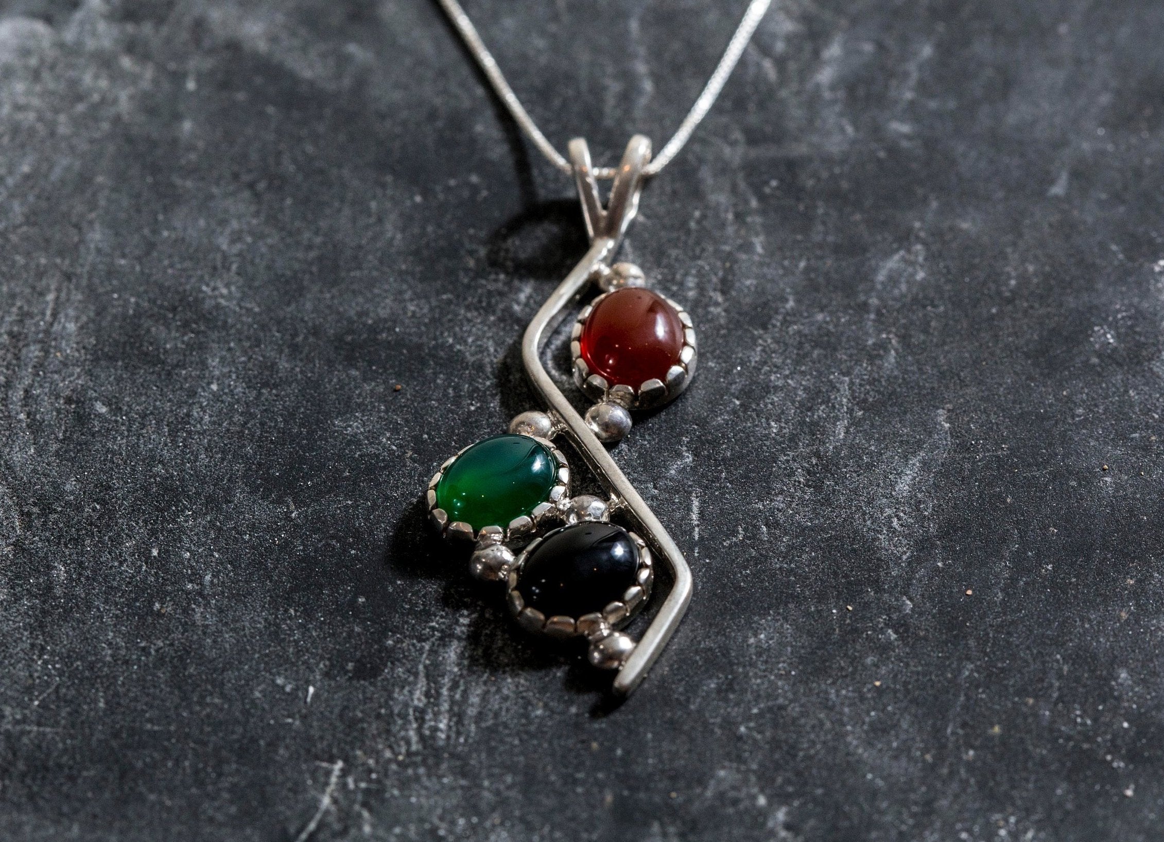Multistone Pendant, Carnelian Pendant, Onyx Pendant, Created Emerald Pendant, 3 Stone Pendant, August Pendant, Solid Silver Pendant