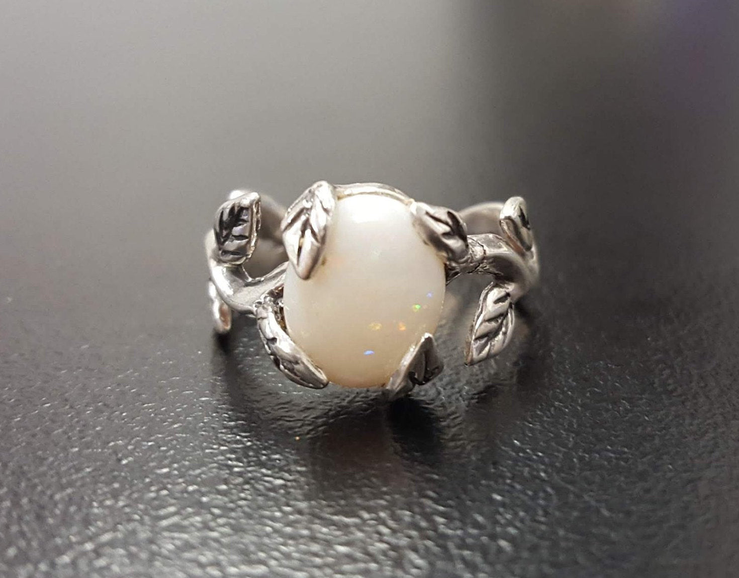 Fire Opal Ring, Natural Opal, Leaf Ring, Australian Opal Ring, Opal Ring, Branch Ring, White Rose Ring, Opal Flower Ring, Solid Silver Ring