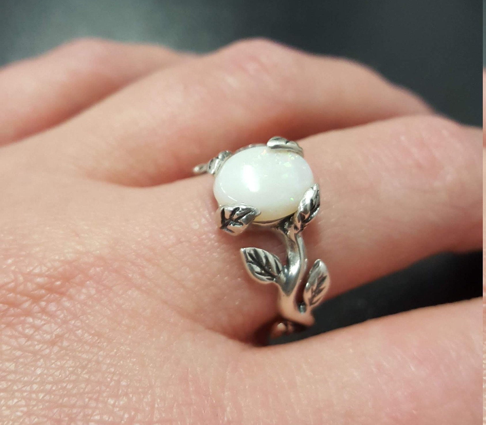Fire Opal Ring, Natural Opal, Leaf Ring, Australian Opal Ring, Opal Ring, Branch Ring, White Rose Ring, Opal Flower Ring, Solid Silver Ring