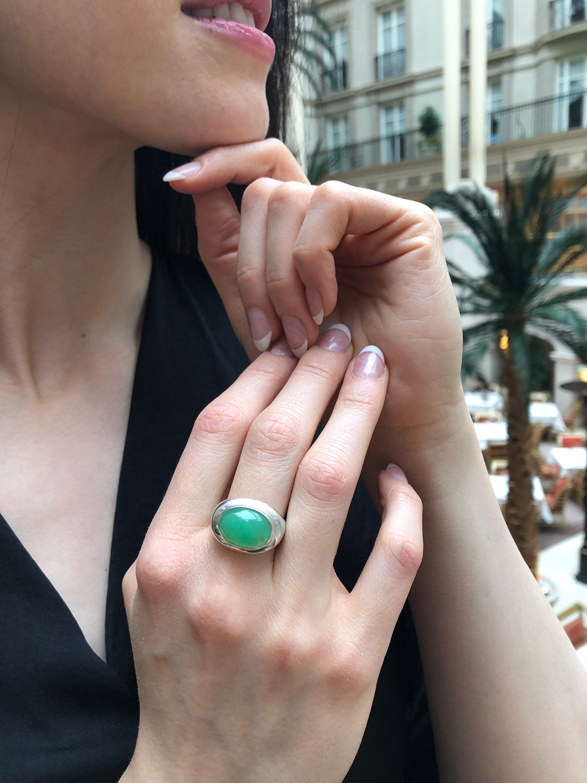 Chrysoprase Ring, Natural Chrysoprase, May Birthstone, Wide Band Ring, Vintage Ring, Statement Ring, Unique Stone Ring, Solid Silver Ring