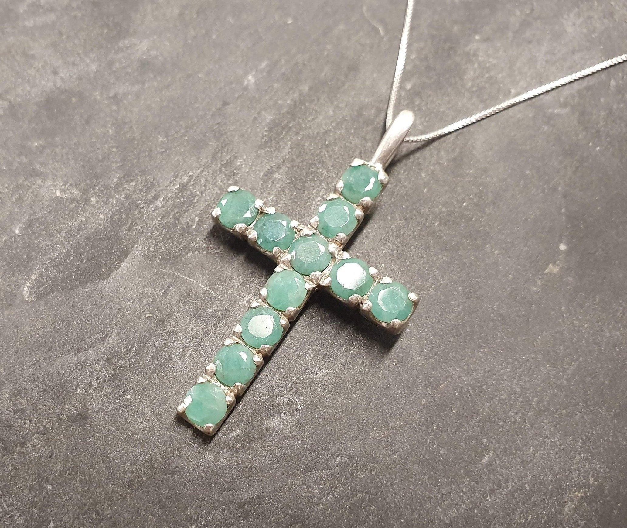 Cross Pendant, Natural Emerald, Emerald Pendant, May Birthstone, Emerald Cross, Christian Pendant, Vintage Cross Pendant, Silver Pendant
