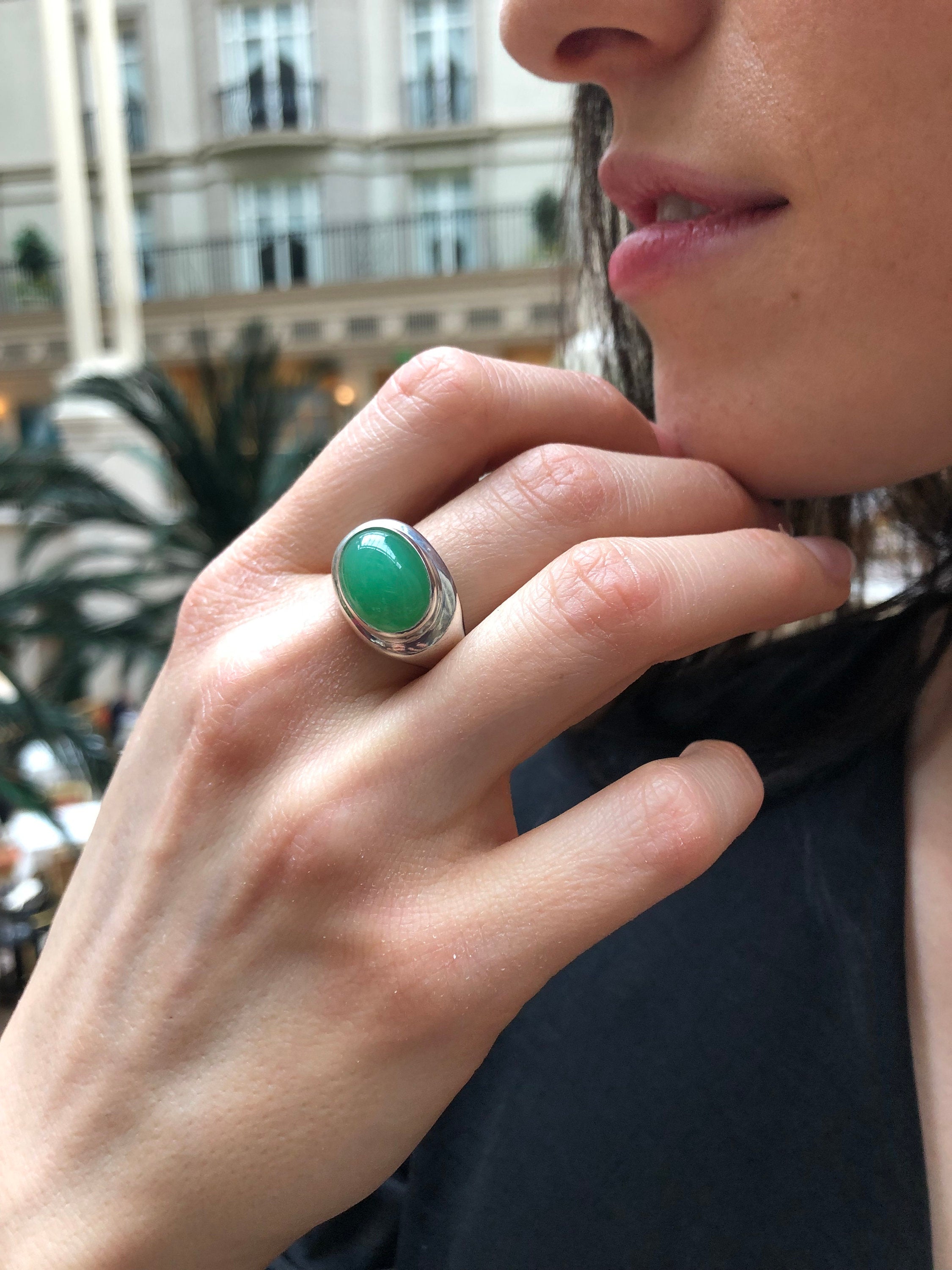 Chrysoprase Ring, Natural Chrysoprase, May Birthstone, Wide Band Ring, Vintage Ring, Statement Ring, Unique Stone Ring, Solid Silver Ring