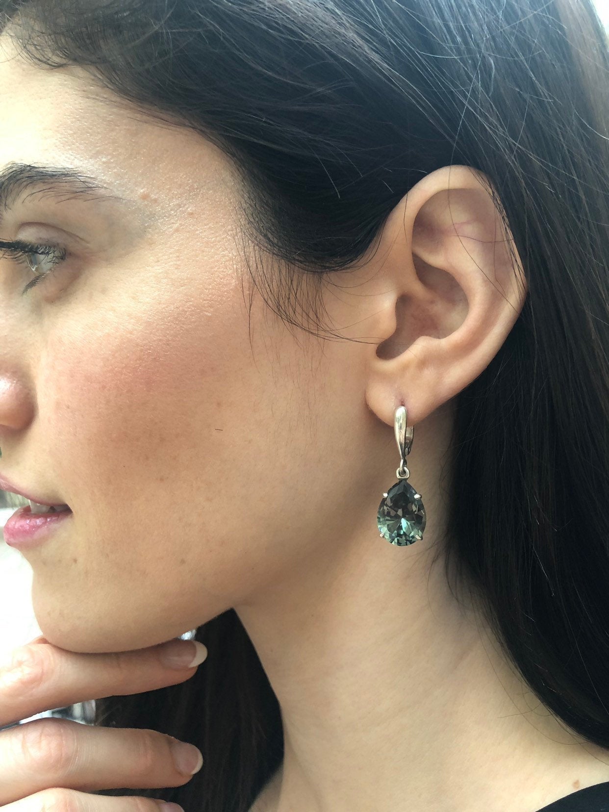Green Diamond Earrings, Created Diamond, Dangling Earrings, Teardrop Earrings, Long Earrings, Vintage Earrings, Solid Silver Earrings