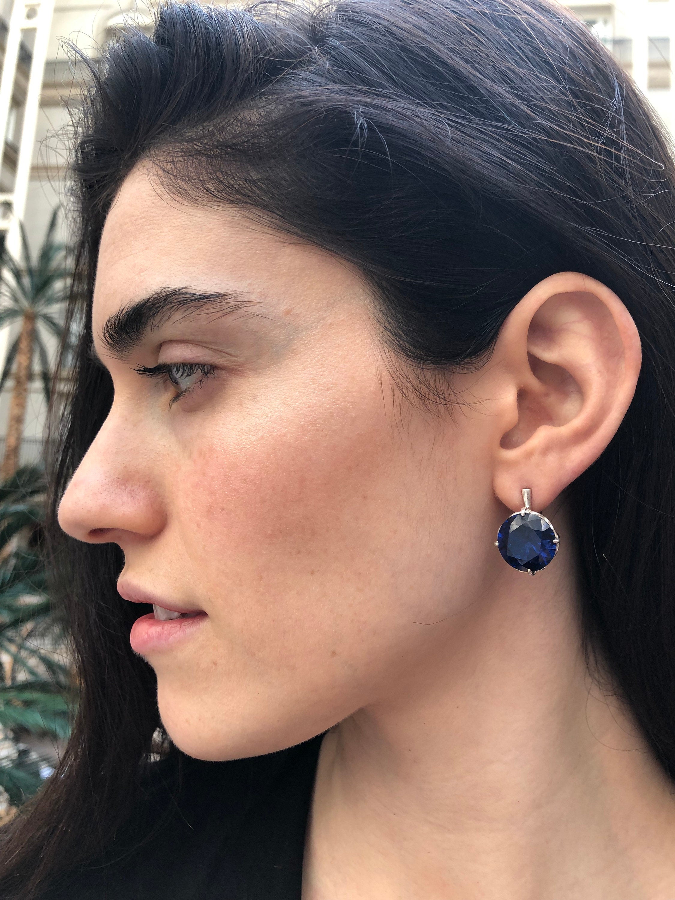 Sapphire Earrings, Created Sapphire, Round Blue Earrings, Blue Vintage Earrings, Blue Diamond Earrings, Royal Blue Earrings, Silver Earrings