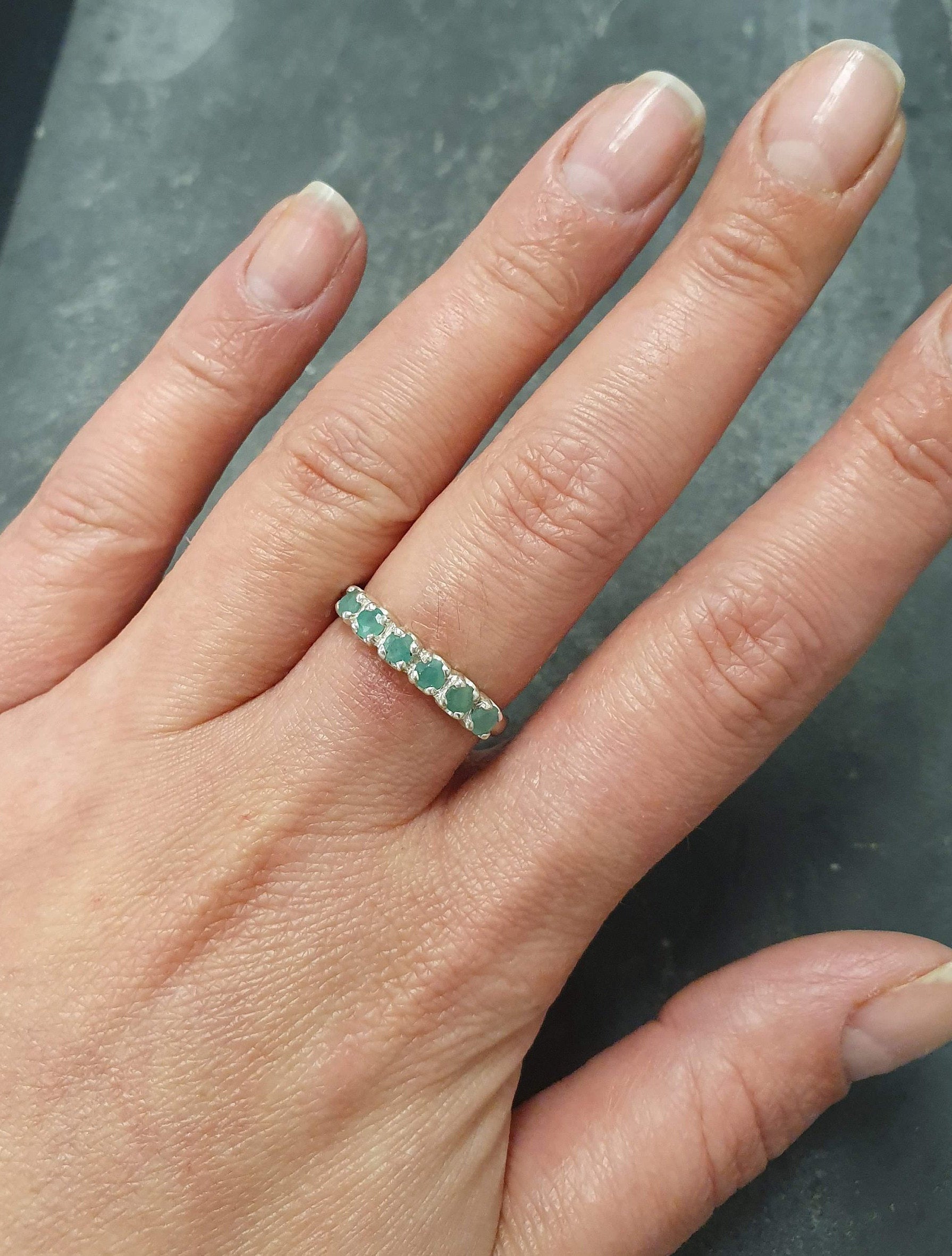 Emerald Ring, Natural Emerald, Half Eternity Band, May Birthstone, Stackable Ring, Vintage Emerald Band, Vintage Ring, Solid Silver Ring
