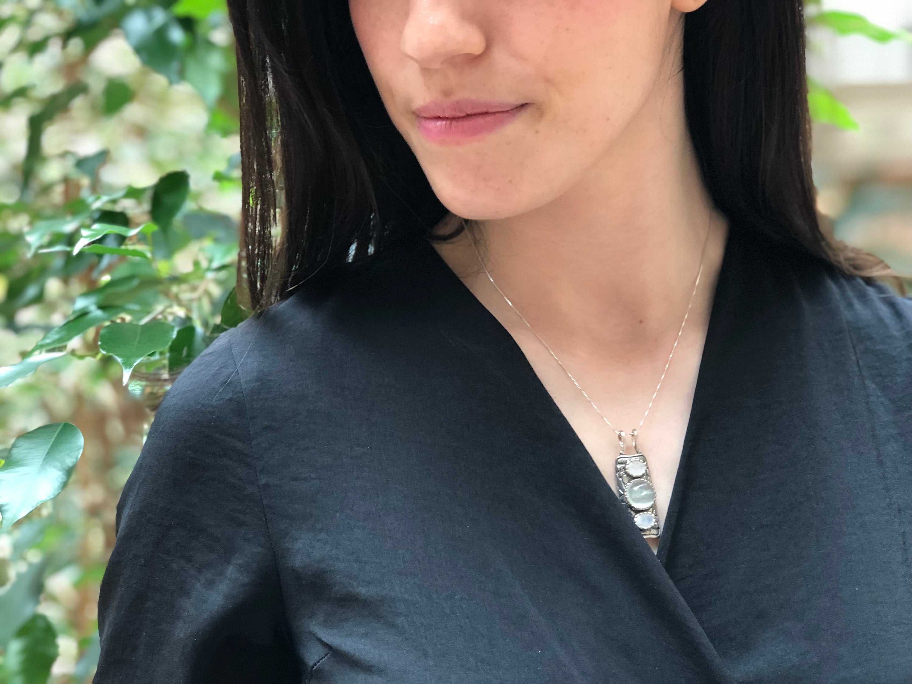 Long Tribal Pendant, Prehnite Pendant, Moonstone Pendant, Totem Pendant, Boho Pendant, Vintage Pendant, Long Necklace, 925 Silver Pendant