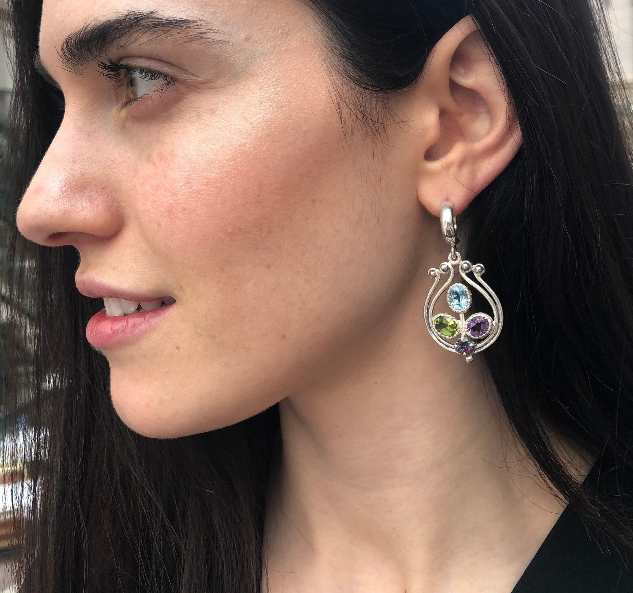 Harps Earrings, Natural Topaz, Long Earrings, Vintage Earrings, Heavy Earrings, Birthstone Earrings, Colorful Earrings, 925 Silver Earrings