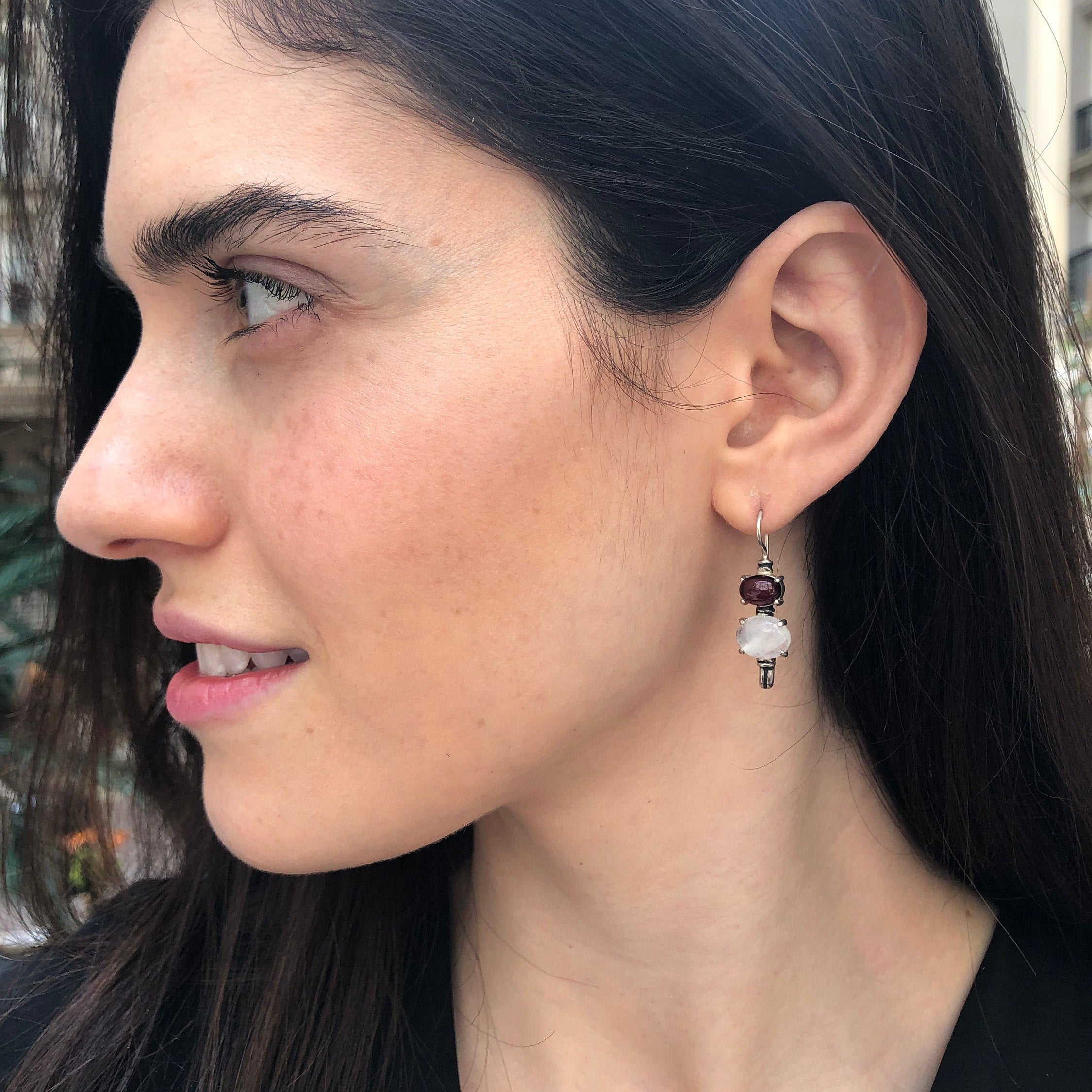 Long Garnet Earrings, Rainbow Moonstone, Vintage Earrings, June Birthstone, January Earrings, Natural Garnet Earrings, Solid Silver Earrings