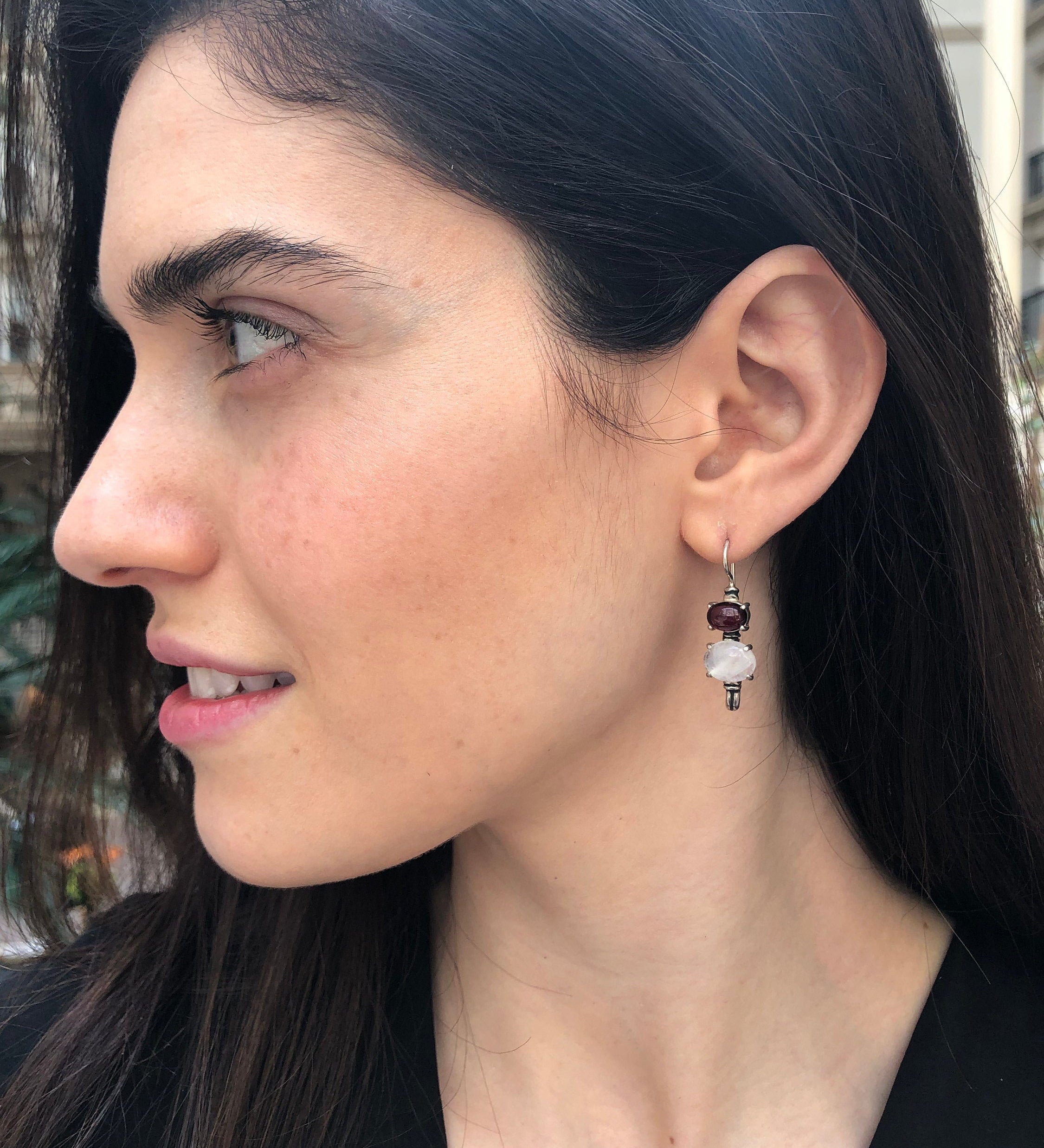 Long Garnet Earrings, Rainbow Moonstone, Vintage Earrings, June Birthstone, January Earrings, Natural Garnet Earrings, Solid Silver Earrings