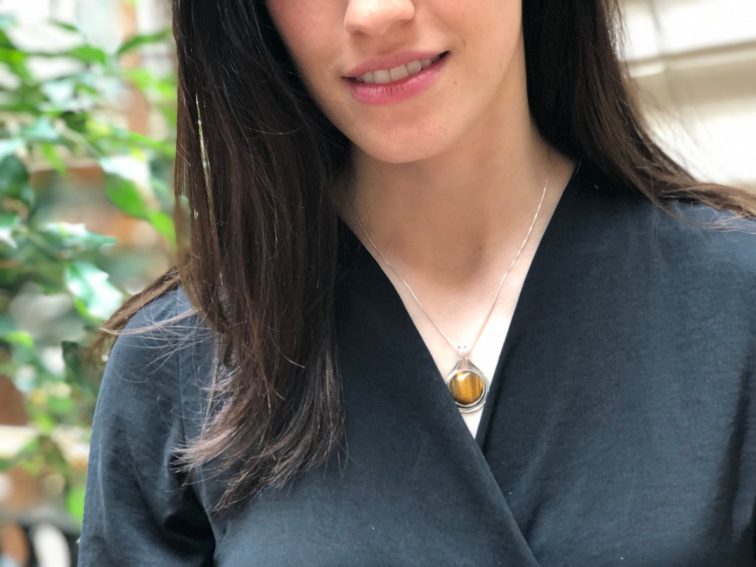 Tiger Eye Pendant, Natural Tiger Eye, Large Round Pendant, Gold Stone Pendant, Vintage Pendant, Big Heavy Necklace, Sterling Silver Pendant