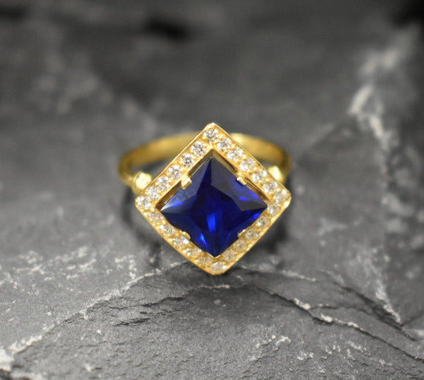Square Princess Cut Sapphire Halo Ring in Gold Vermeil