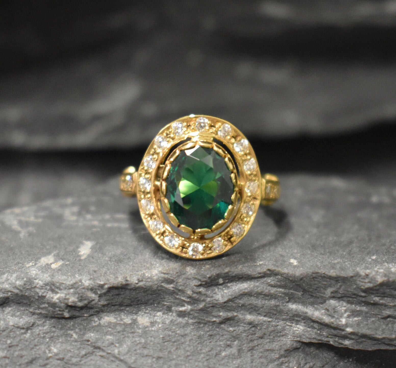Gold Emerald Ring, Emerald Ring, Created Emerald, Gold Victorian Ring, Green Emerald Ring, Gold Vintage Ring, 18K Gold Ring, 925 Silver Ring