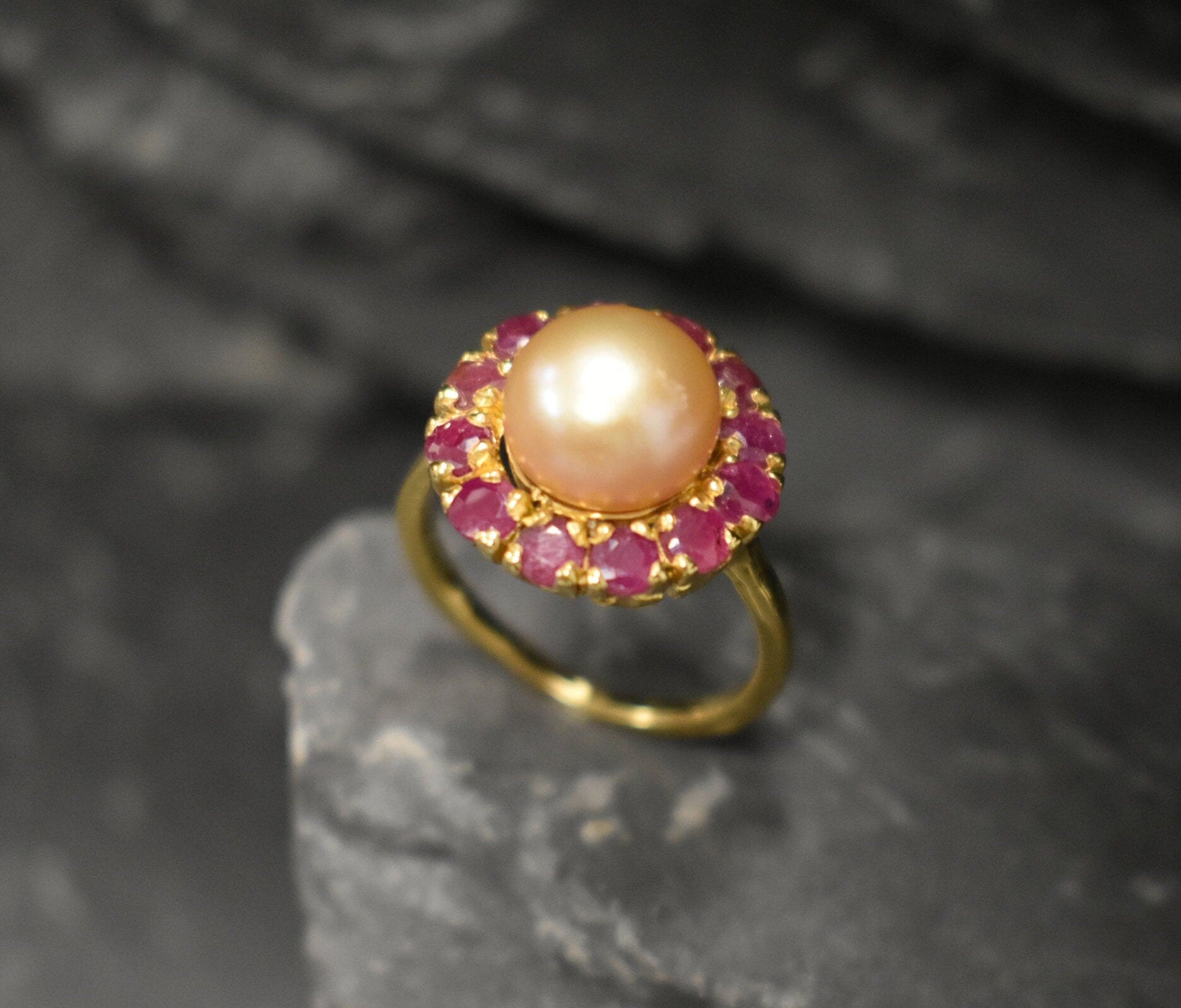 Gold Natural Peach Pearl Ring with Ruby Halo