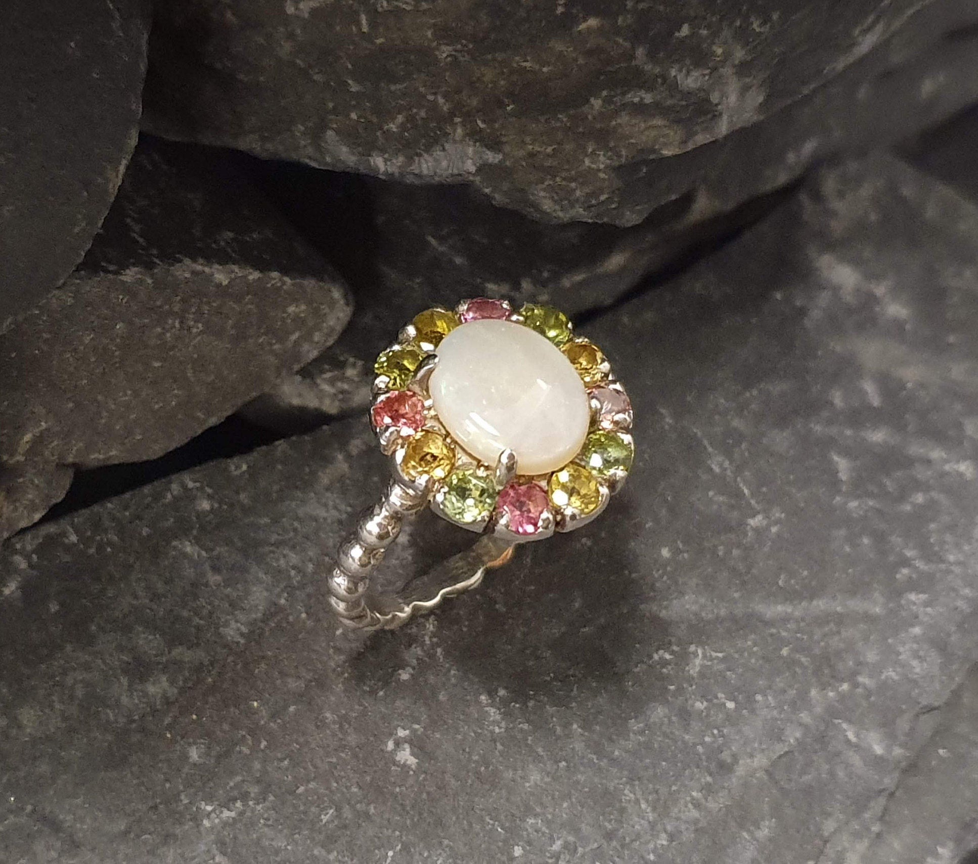 Precious Opal Ring, Natural Opal, Victorian Ring, October Birthstone Ring, White Oval Ring, Tourmaline Ring, Vintage Ring, Solid Silver Ring