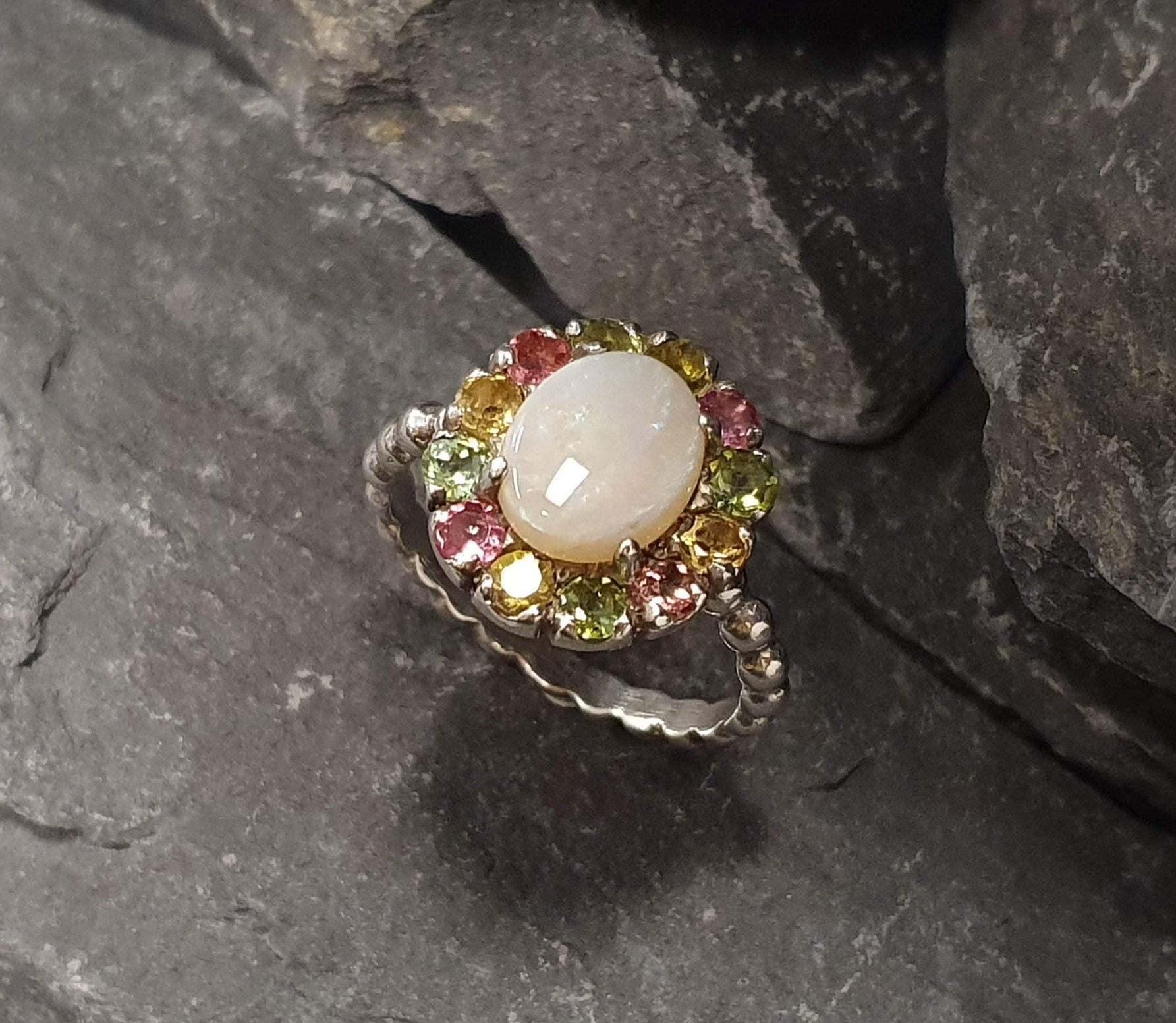 Precious Opal Ring, Natural Opal, Victorian Ring, October Birthstone Ring, White Oval Ring, Tourmaline Ring, Vintage Ring, Solid Silver Ring
