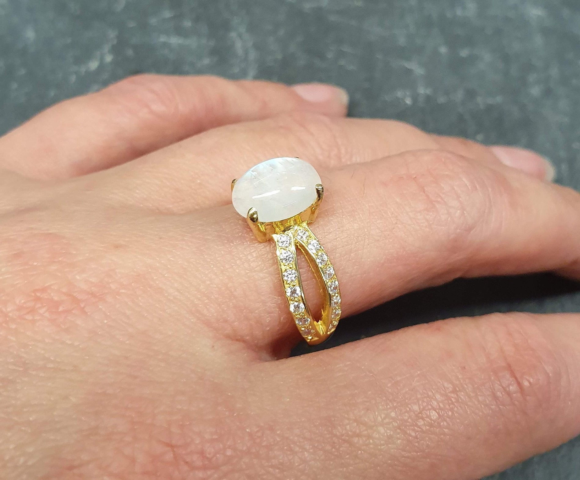 Rainbow Moonstone Ring with Split Pave Band in Gold Vermeil
