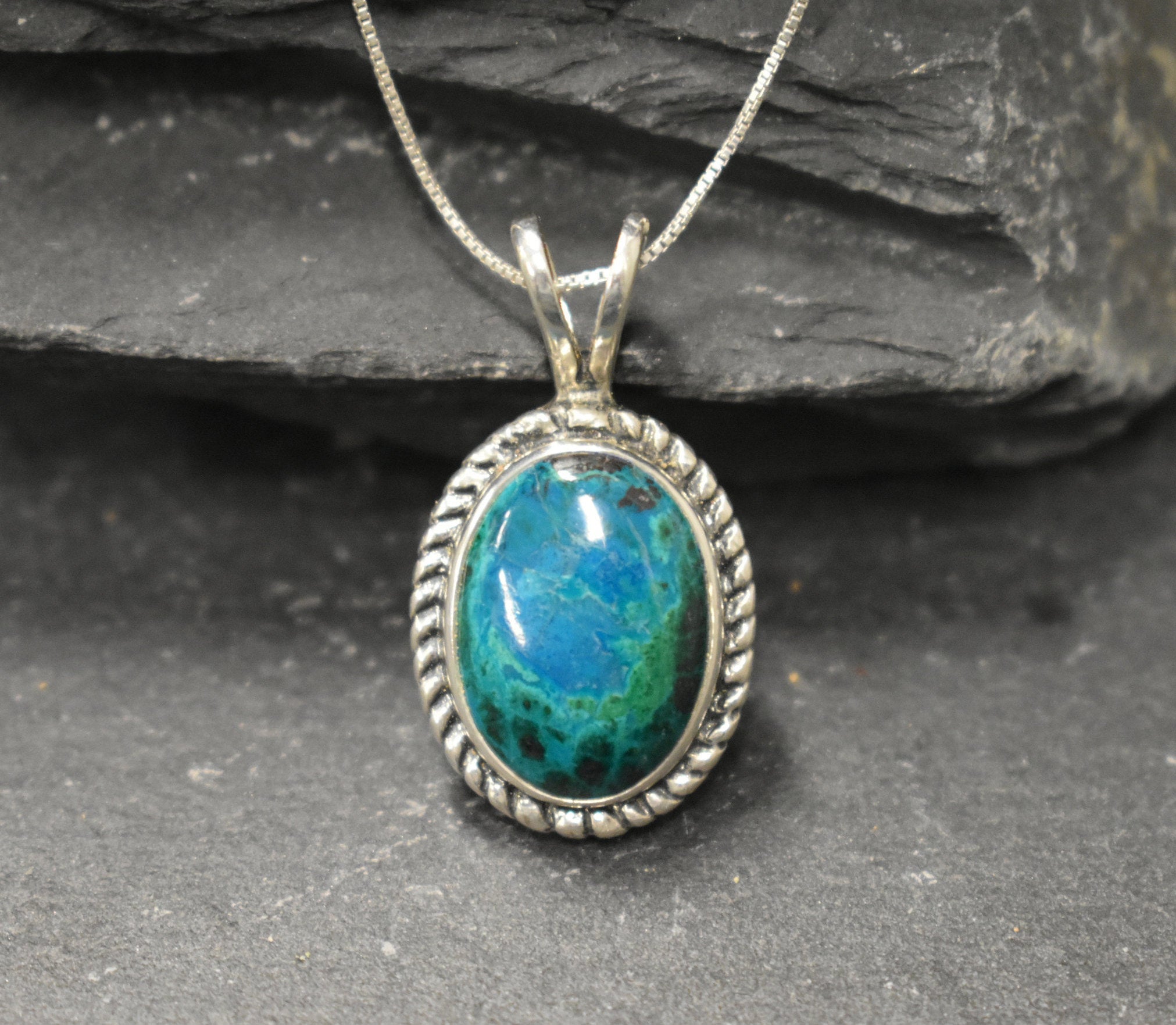 Chrysocolla Pendant, Natural Chrysocolla, Vintage Pendant, Large Oval Pendant, Antique Pendant, Unique Stone Necklace, Solid Silver Pendant